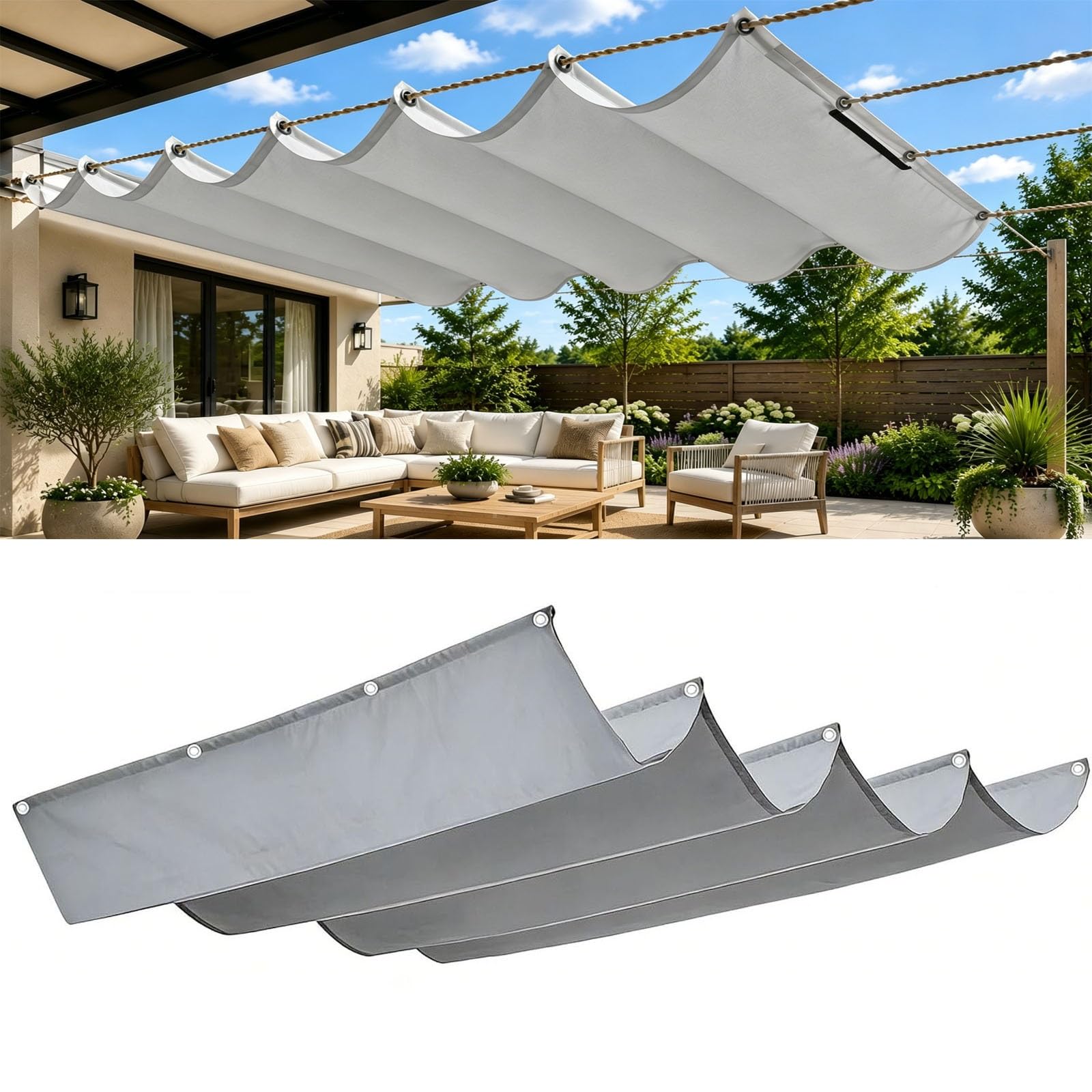 Ausziehbares Wellen-Sonnensegel 2.6 x 8 m 98% Uv-Schutz Reißfest Wetterfest Rechteckig Winterfest mit Ösen Verstellbare Schattenabdeckung für Balkon Terrasse Garten, Hellgrau