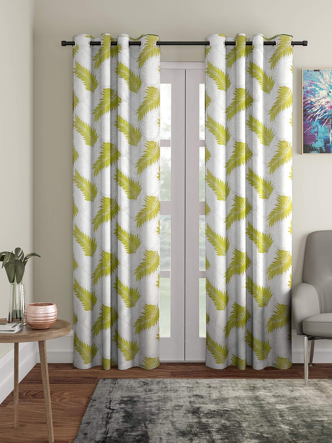 Cortina2 Piece Leaf Design Panel Eyelet Polyester Door Curtains - 7 Feet, Green