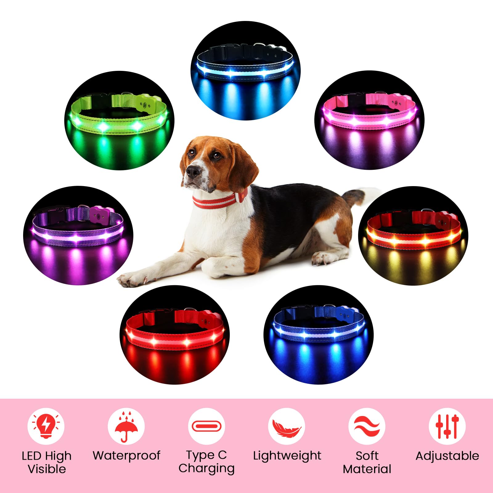 Collare Luminoso per Cani, Collare di Cane LED Ricaricabile e Impermeabile, 7 Colori RGB Cambiano 8 Modalità di Illuminazione Regolabile Adatto per Cani di Taglia Piccola Media Grande(Rosso L)