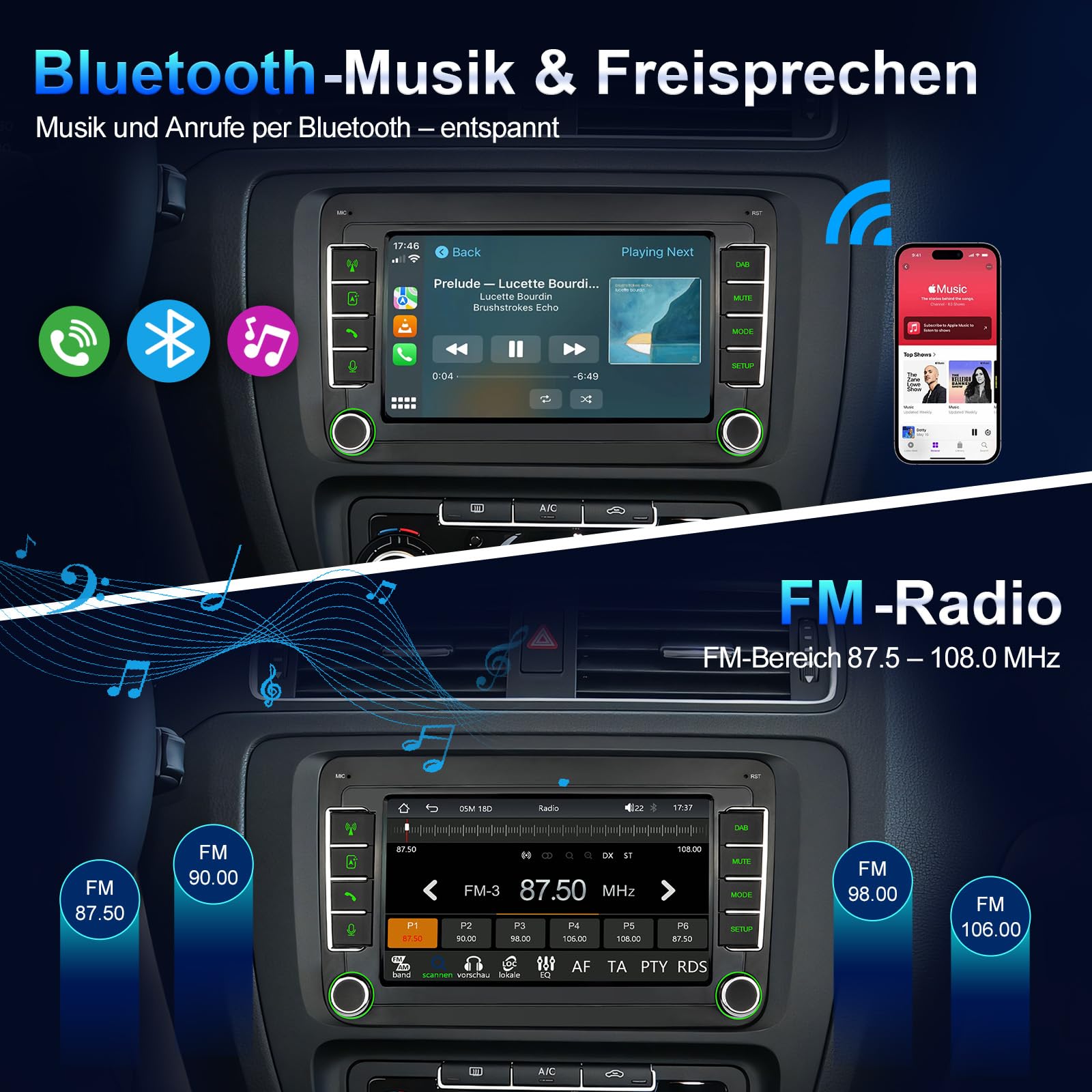 DAB Autoradio mit Bildschirm für VW Golf 5 6 T5 Polo 6R Caddy Skoda Tiguan Seat Passat, 7 Zoll Radio mit Apple CarPlay Wireless Android Auto Mirrorlink, Bluetooth, FM, Lenkradsteuerung, DAB+ 2Din
