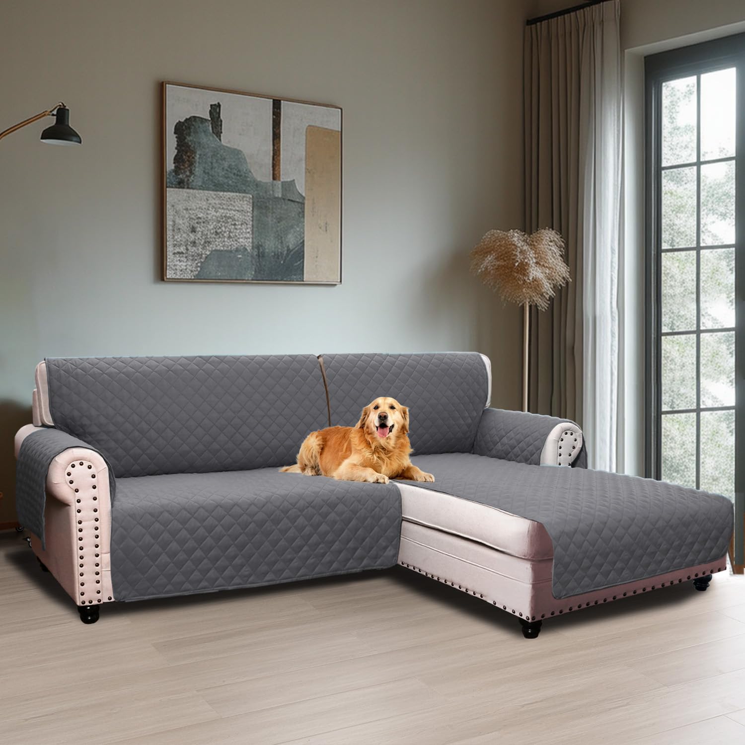 Funda Chaise Longue Impermeable,Funda de Sofa 2 Plazas,Fundas Sofa Chaise Longue Brazo Izquierdo,Funda Sofá Forma de L 205 cm,Gris OEKO-TEX STANDARD 100