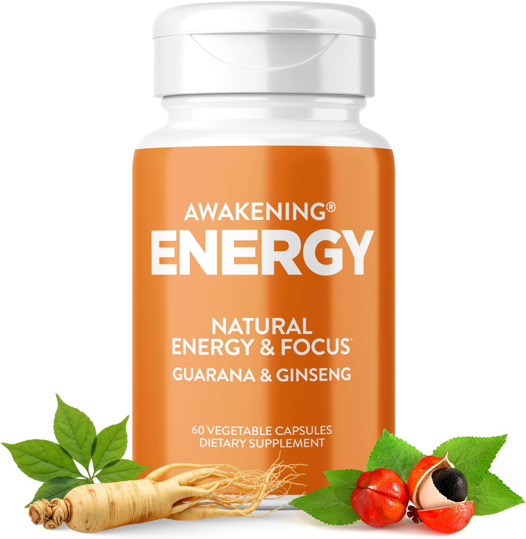Awakening Natural Energy & Focus Supplement with Panax Ginseng, Guarana Extract & Chromium Picolinate | Brain Supplement for Focus, Energy, Mood & Clarity | Gluten Free Veggie, USA - 60 Caps