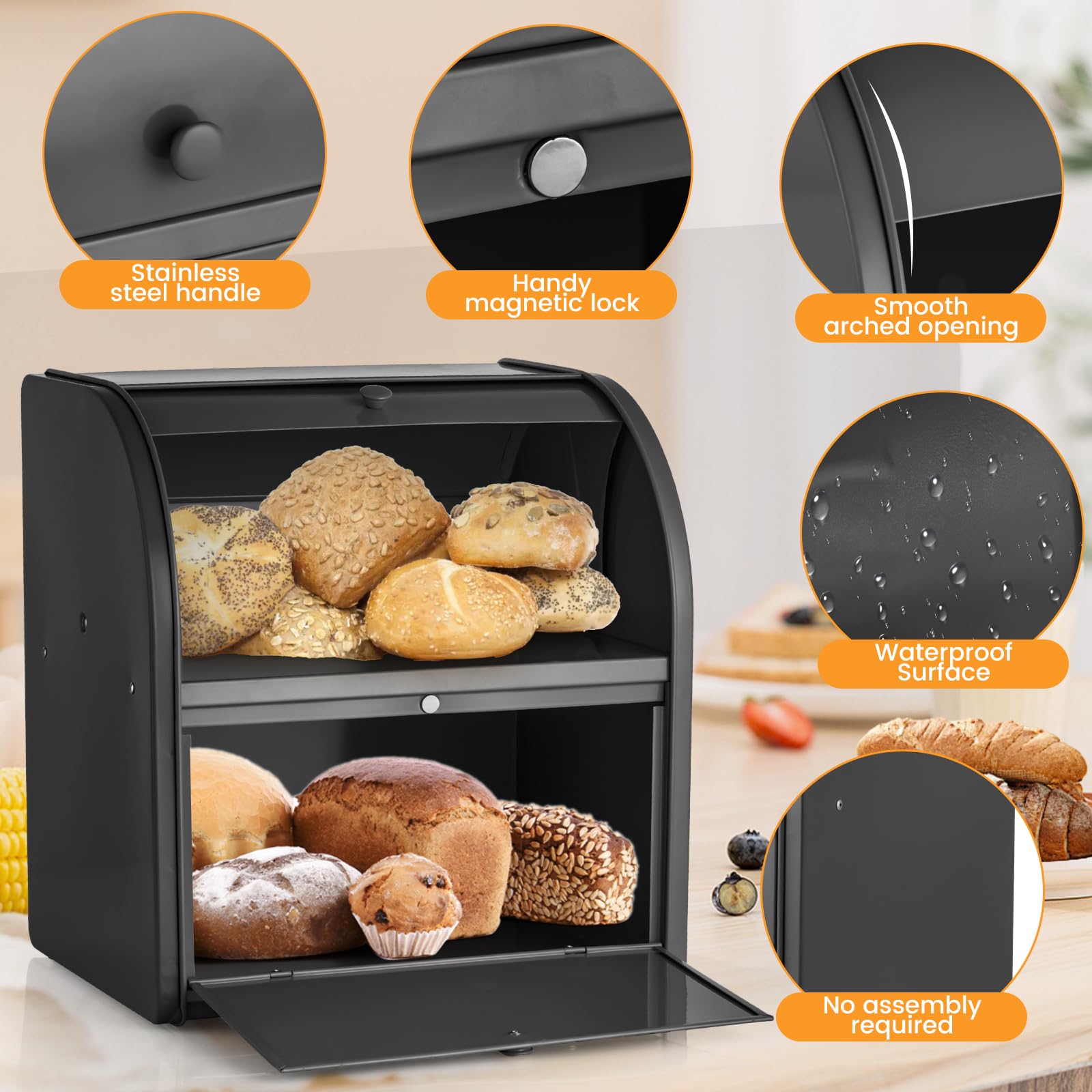 Panera de metal para encimera de cocina, contenedor de almacenamiento de pan de doble capa, contenedor de almacenamiento de alimentos para encimera de cocina en el hogar, color negro