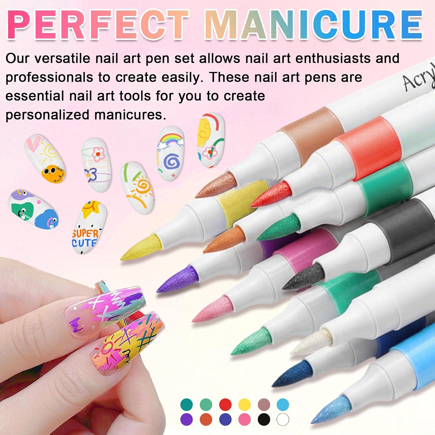 12 Colors Nail Art Pens Nail Polish Pens Set for Painting Nails