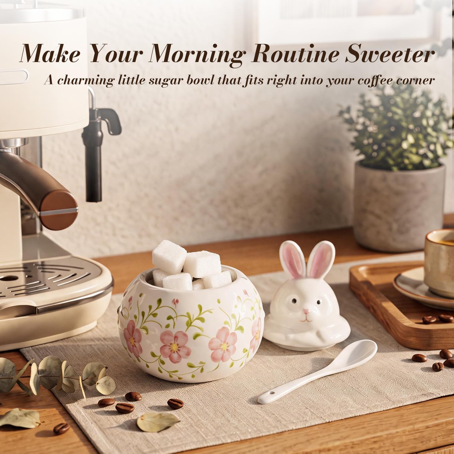 Ceramic Rabbit Sugar Bowl with Lid and Spoon, Hand-painted Salt Cellar Jar for Kitchen Counter, Cute 12oz Canister for Coffee Bar Countertop