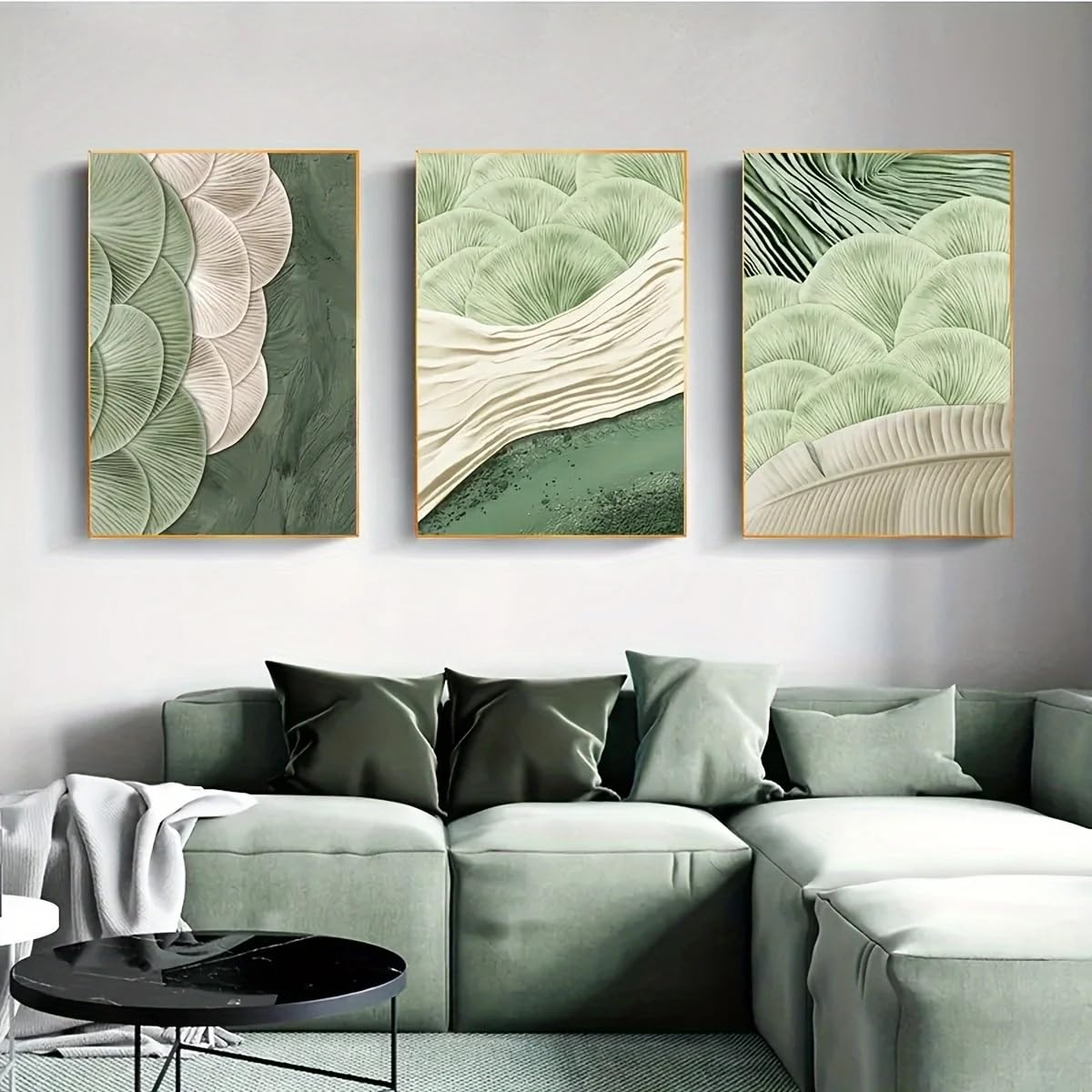Juego de 3 carteles de hojas de ginkgo verdes, textura de hoja, pintura sobre lienzo, decoración de pared nórdica para el hogar (70 x 90 cm, marco interior)