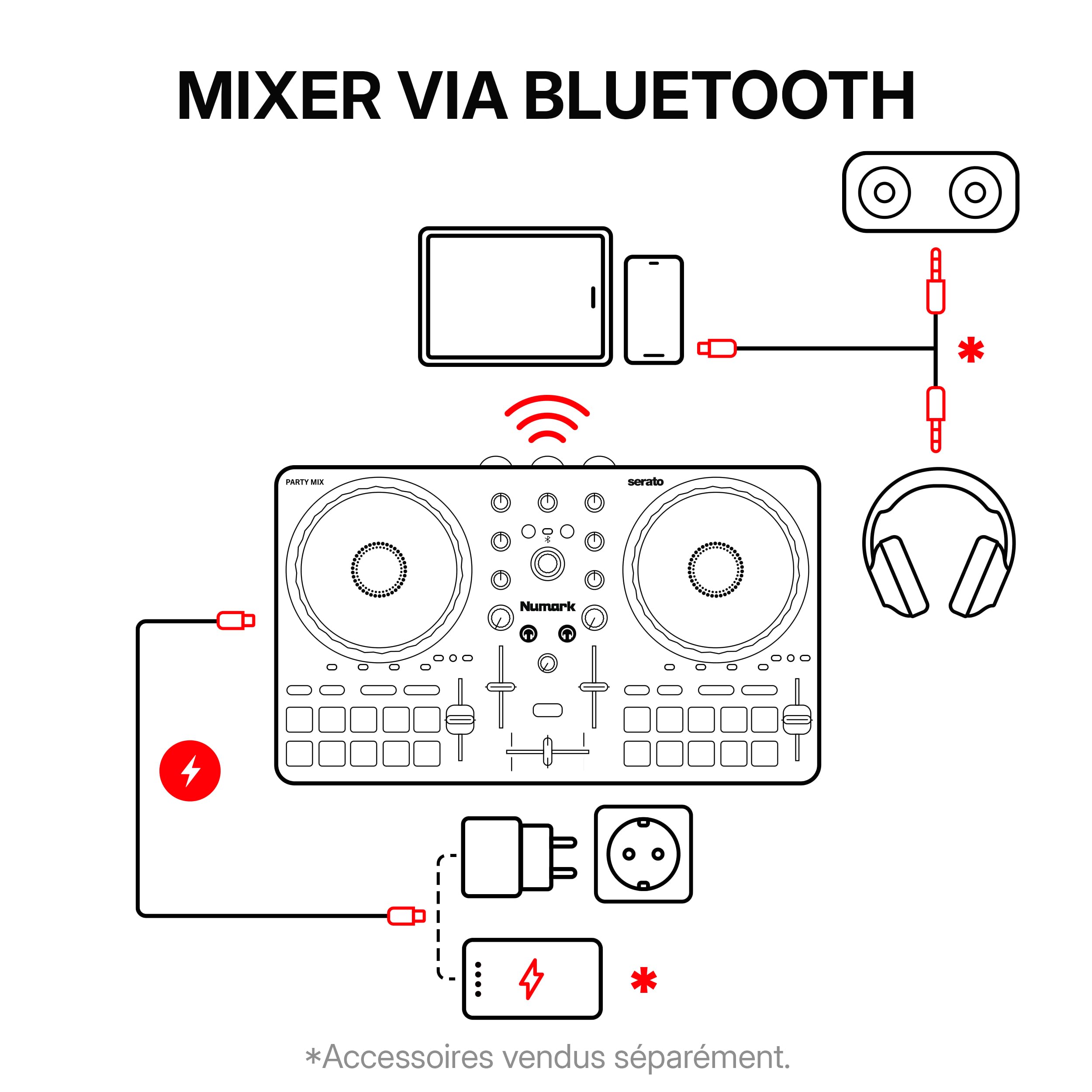 Numark Party Mix III Contrôleur DJ Bluetooth à Lumières Intégrées | Beat Assist, Smart Fader, 16 pads, mixeur DJ 2 decks, contrôle Stems, USB-C, Serato DJ Lite et Algoriddim djay inclus