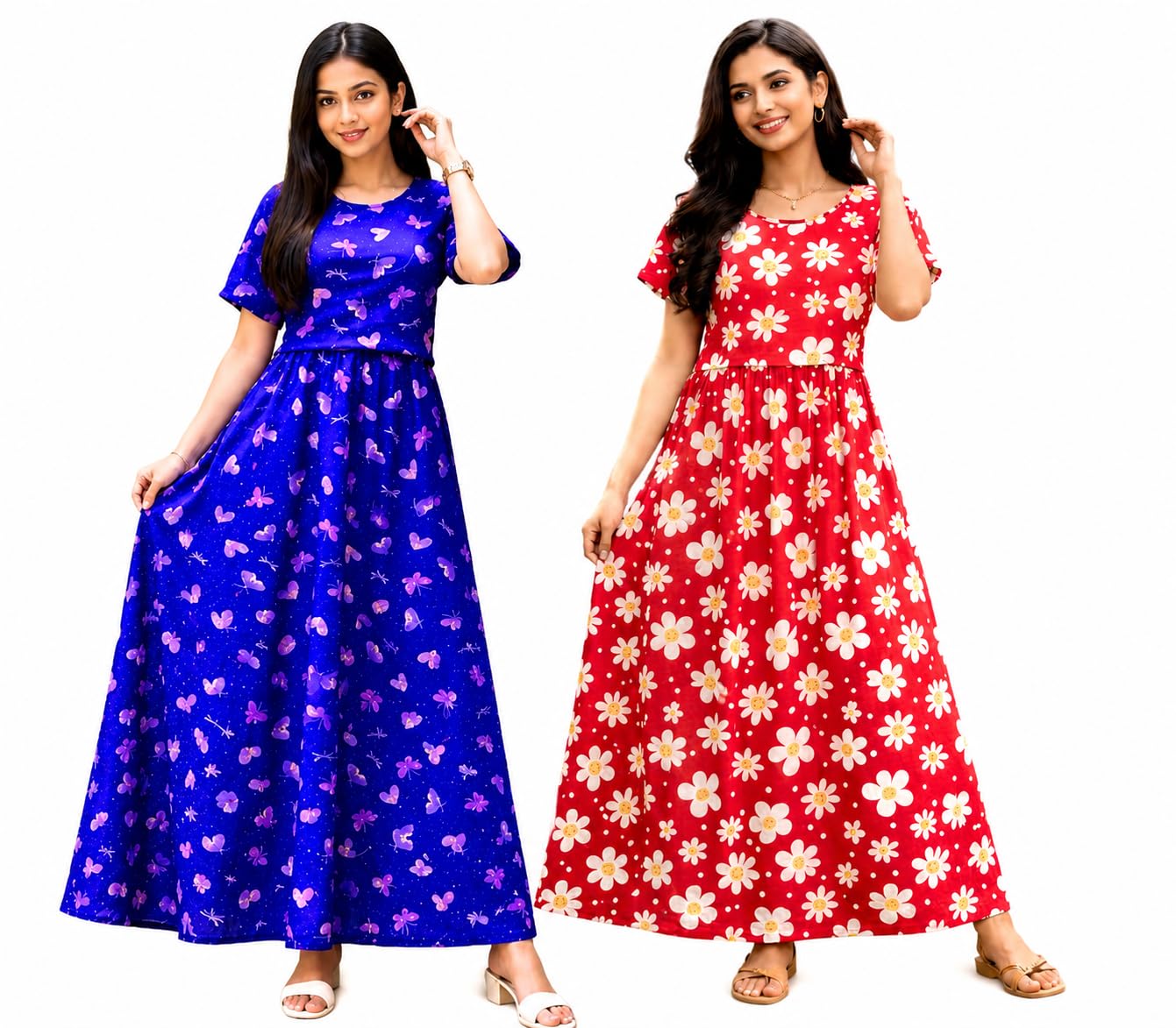RENIS.Store Women's 100% Cotton Zipless Feeding Maternity Nighty Pack of 2 | Pull Up Nursing Night Dress | Soft Pregnancy & Feeding Wear | Blue(Pink Butterfly) & RED (White Flower) M-Size-picture-11