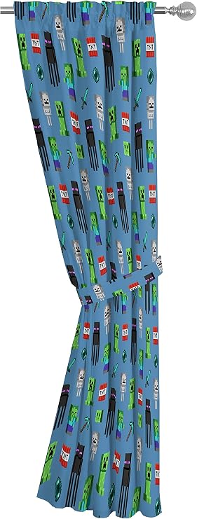 Jay Franco Kids Window Drapes - 4 Piece Curtain Set Includes 2 Tiebacks, Beautiful Bedding Room Decor and Easy Set Up, Blue - Minecraft, 84 Inch
