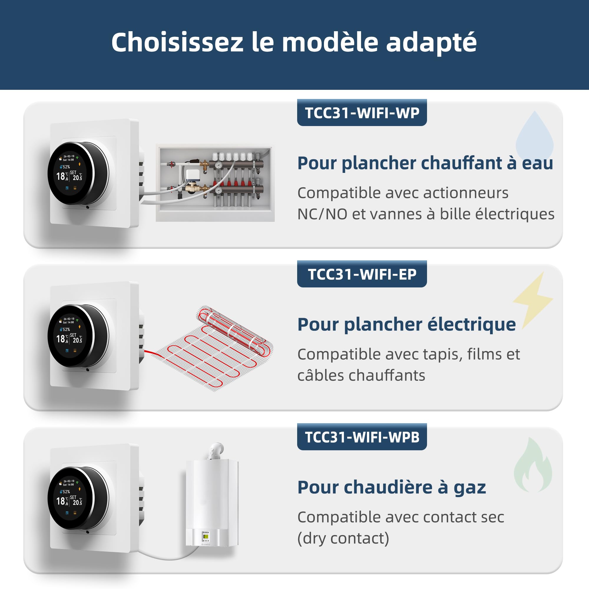 Beok Thermostat Connecté Intelligent WiFi, avec Sonde Extérieure, Régulateur Température Rotatif, Écran Couleur, Programmable 16A pour Chauffage Sol Électrique, Compatible Alexa/Google Home