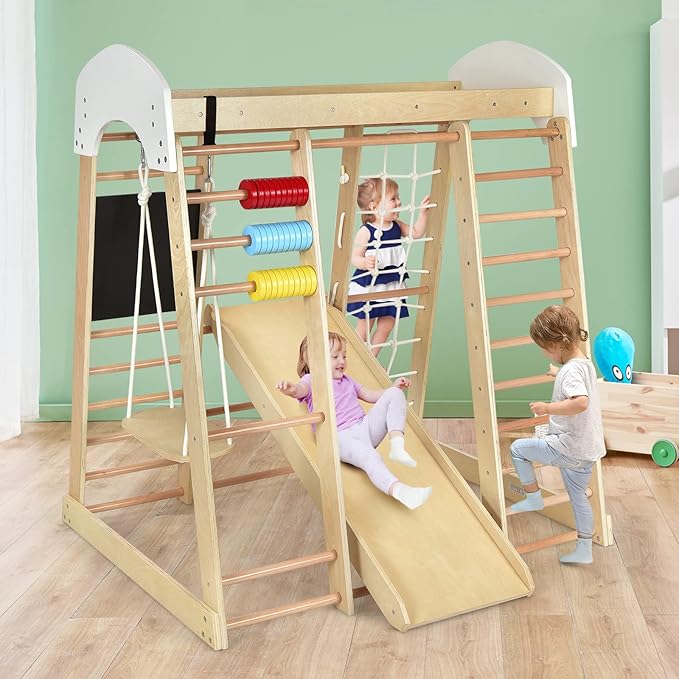 Image of Set Arrampicata 8 in 1 per Bambini, Rocce da Arrampicata e Scala, con Scivolo Rete da Arrampicata, Barra Orizzontale, Centro attività di Legno per Bambini 3 Anni + (Stile 1 Naturale)