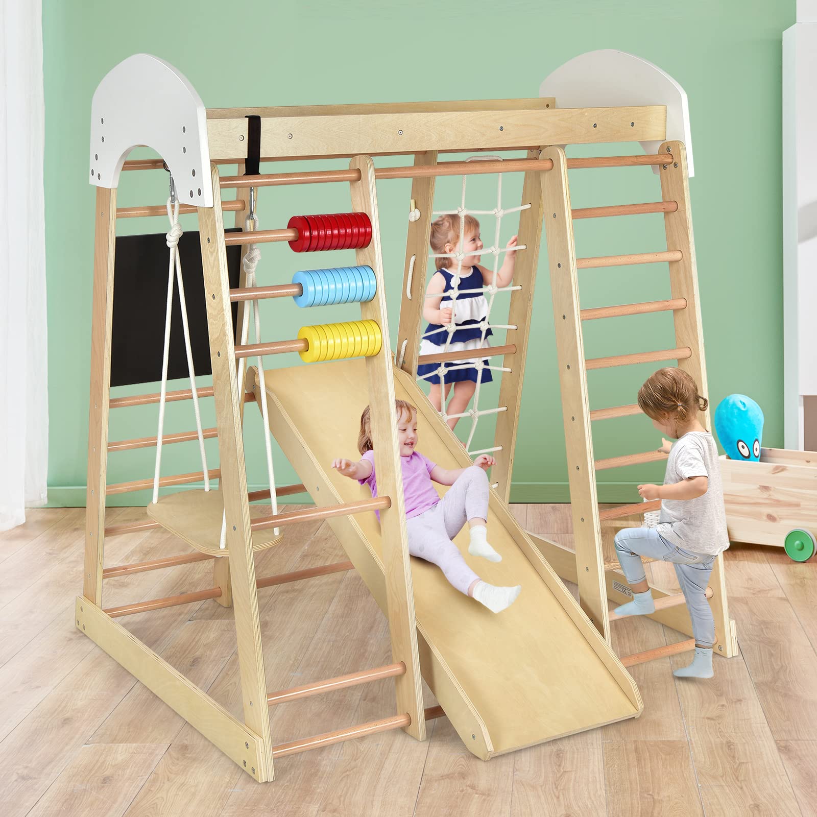 GLACER All-in-1 Indoor Jungle Gym, Montessori Climbing Toys w/Slide Ramp, Monkey Bars, Ladder & Climbing Net, Wooden Toddler Climber Kids Climbing Gym, Indoor Playground for Kids 1-3 (Natural)