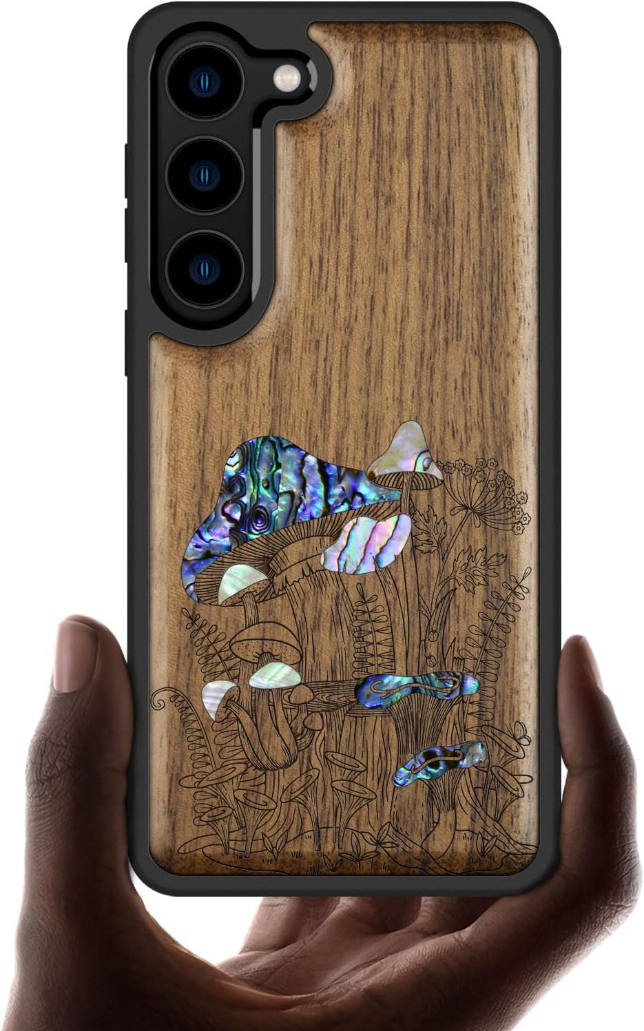 Carveit Designer Wooden Case for Samsung Galaxy S23 Cover [Wood Engraving & Shell Inlay] Compatible with Wireless Chargers S23 Case (Vintage Mushrooms-Walnut)