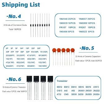 Electronic Component Assortment Kit, Total 1410Pcs, Metal Film Resistors, LED Diodes, Common Diodes, Electrolytic Capacitor, Ceramic Capacitors, Transistors for Electronics DIY Project