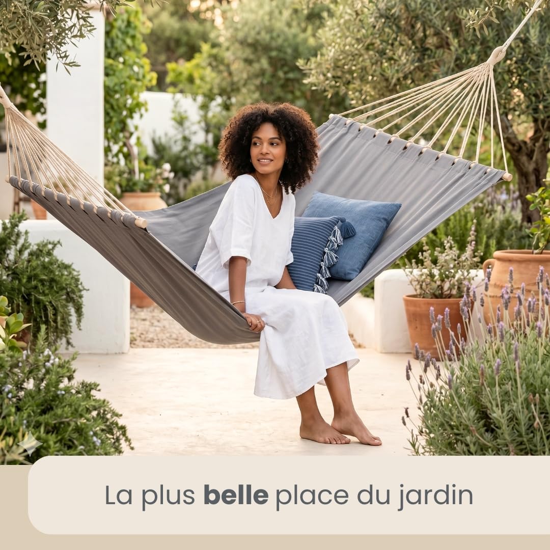 AMANKA XXL Hamac à Barre d'Écartement 200x120 cm Gris - Double Détente 2 Personnes 150kg - Coton Robuste Extérieur & Intérieur - Balcon Jardin Terrasse Camping - 100% Respirant Tissu Souple Agréable
