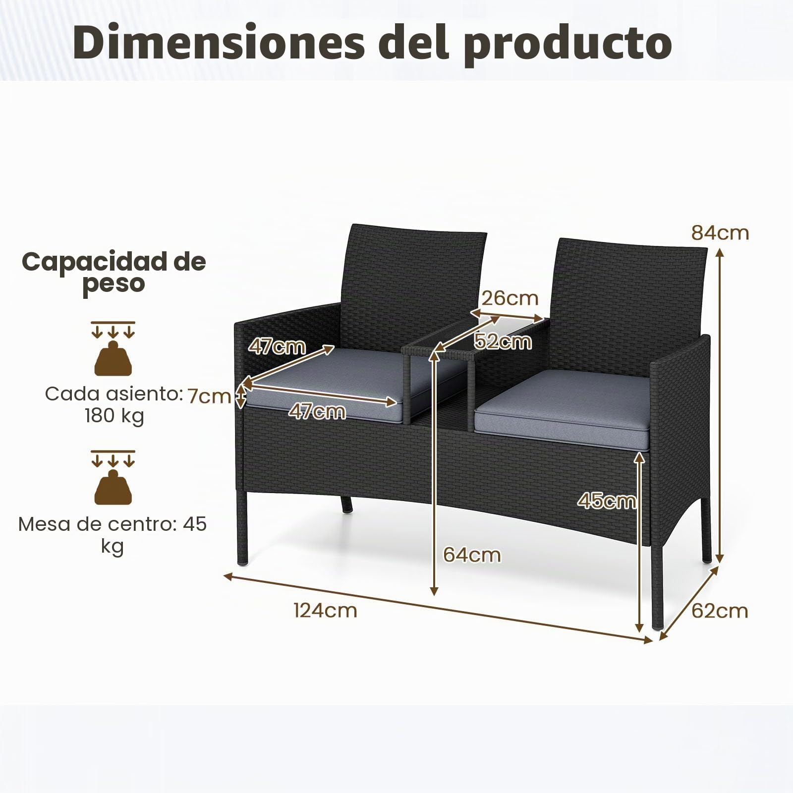 LIFEZEAL Banco de jardín de ratán con Mesa para 2 Personas (Gris)