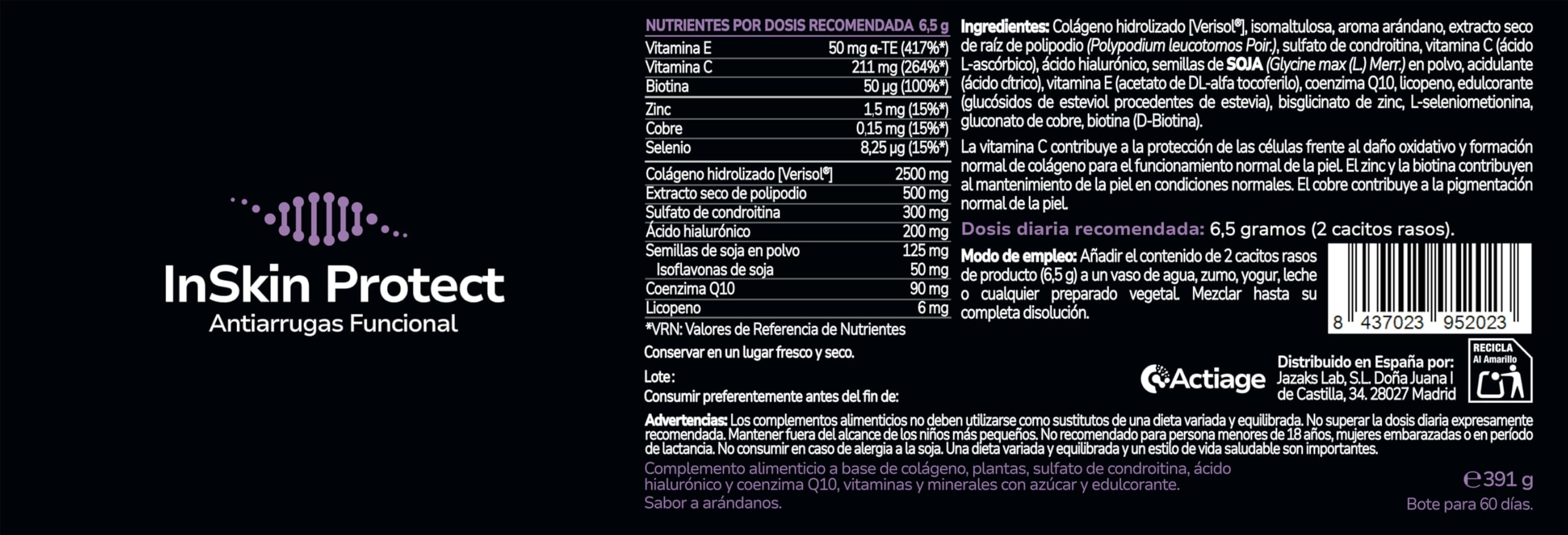 InSkin Protect Antiarrugas Funcional - Cuida tu piel desde el interior (2 meses): colágeno VERISOL®, ácido hialurónico, vitaminas C y E, biotina, Coenzima Q10 entre otros. Bote: 391g