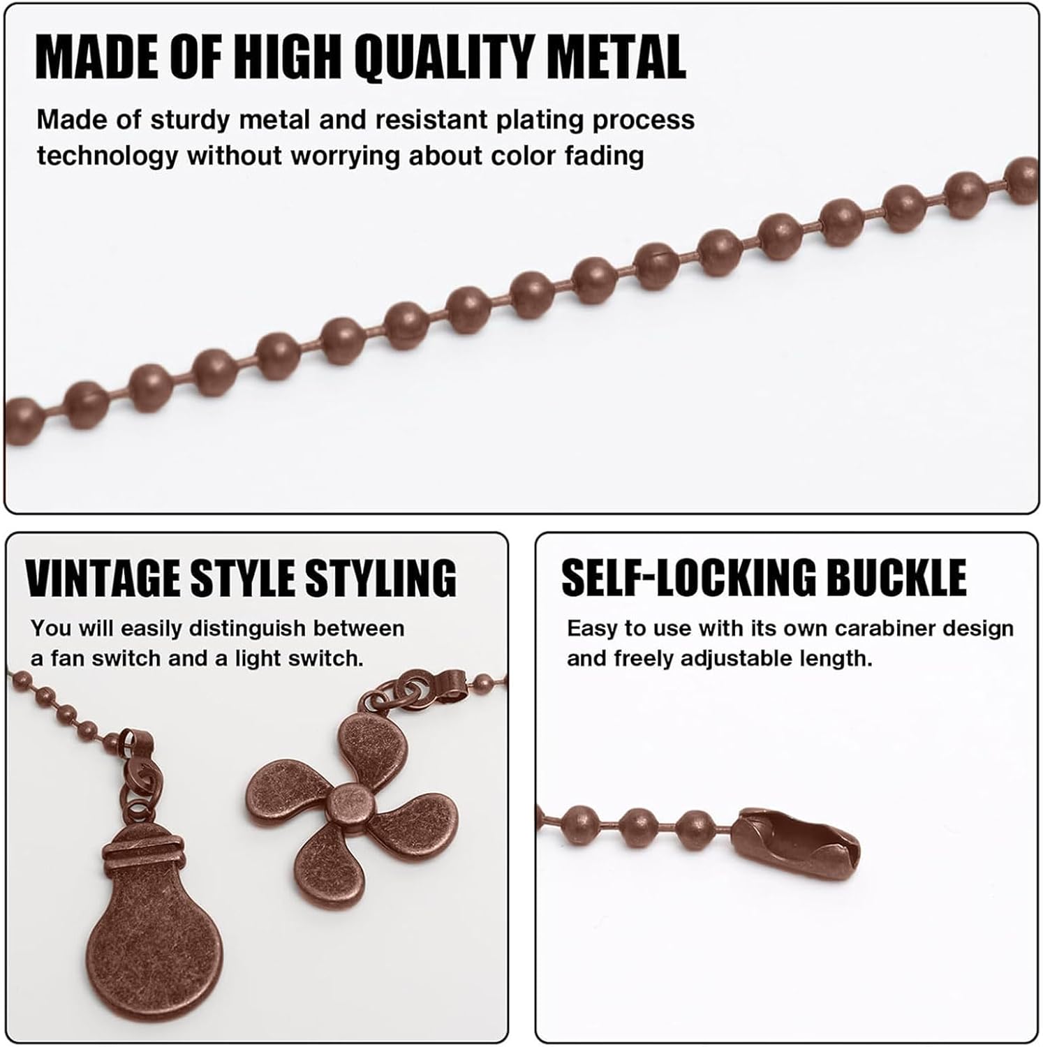 Adjustable Ceiling Fan Pull Chain Detachable Links (6-26 Inches), For Indoor，Outdoor Fans Red Bronze