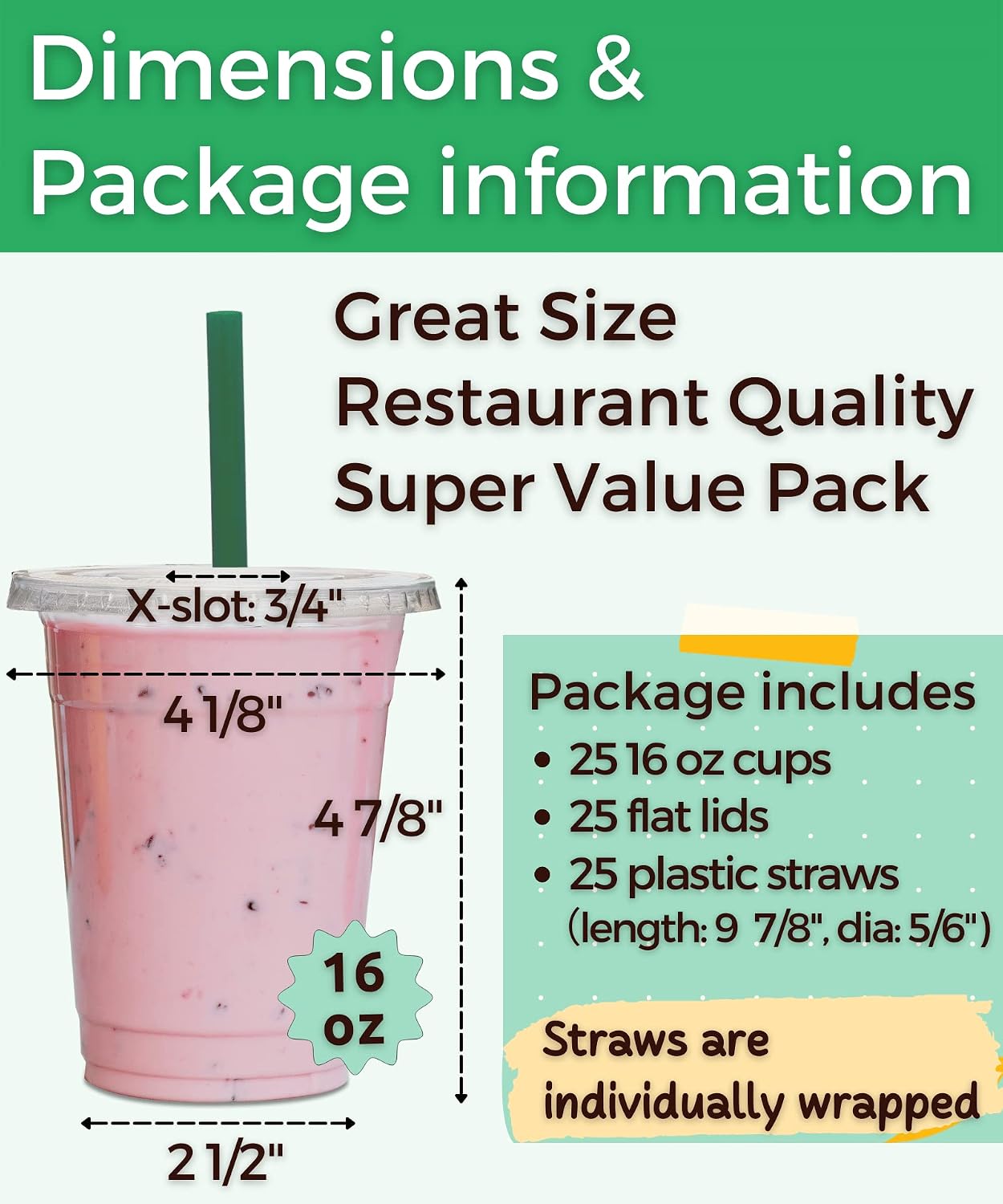 Aatriet 16 oz Clear Plastic Cups with Lids and STRAWS, Disposable Party Cups for To Go Iced Coffee Cold Drinks, Smoothie, Juice, Parfait, Frappuccino, Milkshake. No Leaking Fruit Cup, 25 Sets