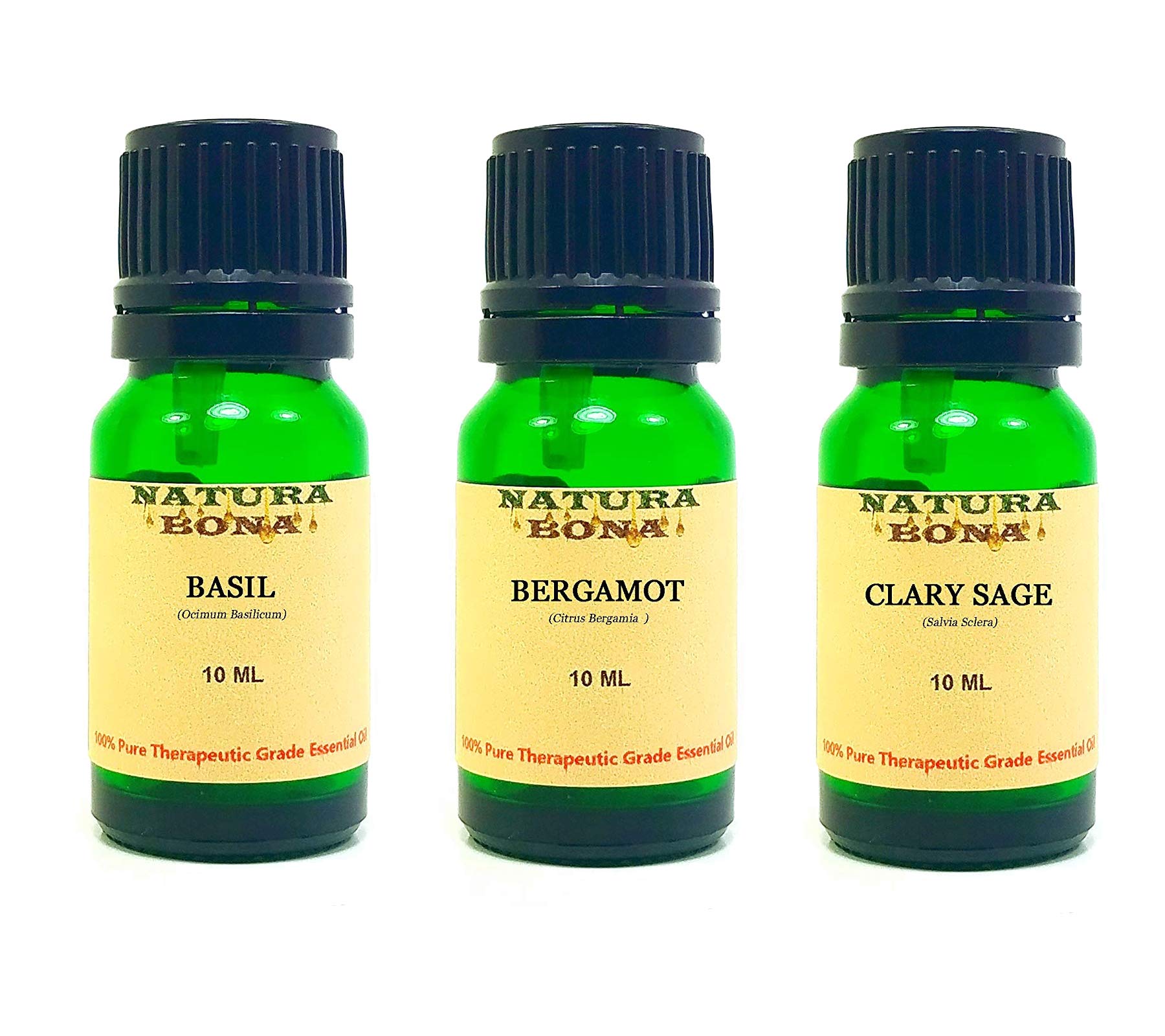 Essential Oil Sets 100% Pure & Therapeutic Grade for Diffusers Body Massage Skin Aromatherapy; 3-Pack EO Kit, 10ml Each Euro Glass Droppers (Basil, Bergamot, Clary Sage)
