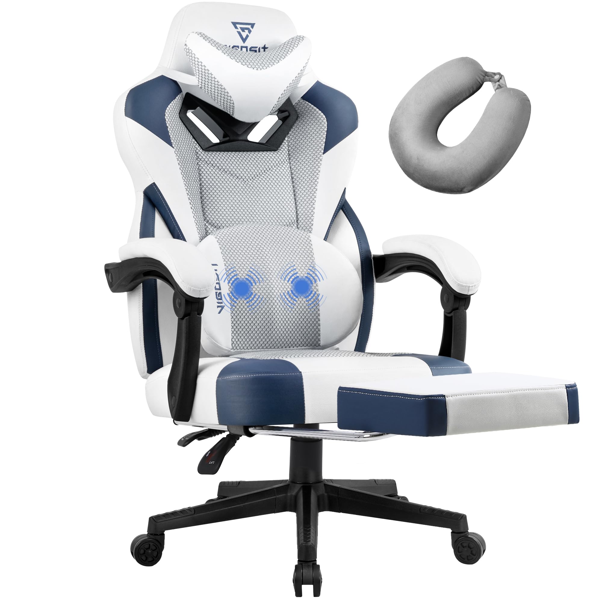 Gaming Chair PRO, Ergonomic Gaming Chairs for Adults Heavy People, Massage Office Desk Computer Chair with Footrest and Lumbar Support, Big Tall Mesh Gamer Chair with Cushion (White Blue)
