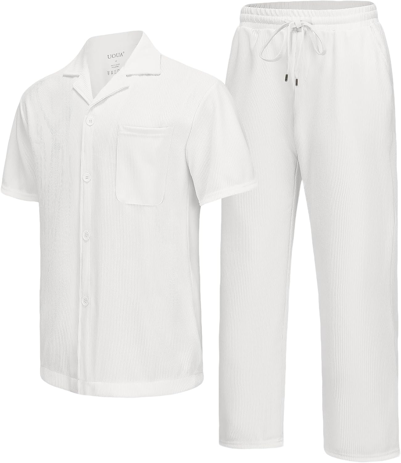 UOUA Mens Summer 2 Piece Set Casual Outfits Button Short Sleeve Shirt & Loose Pants Textured Striped Tracksuit Walking Suits - Image 5