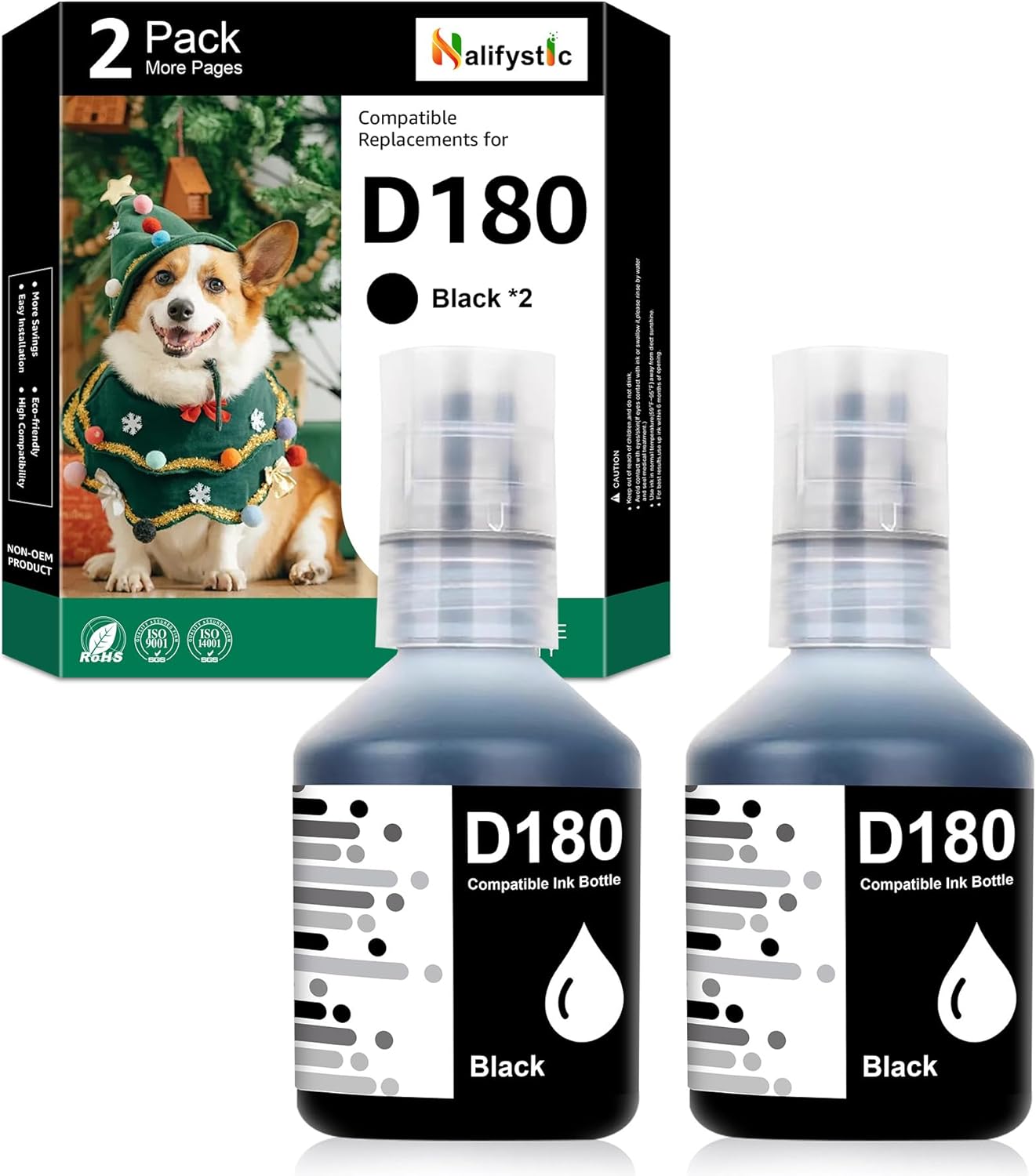Compatible D180 Ink Refill Bottles Replacements for Brother BTD180 BTD180BK Ink Refill Bottle Used for Brother DCP-T580DW DCP-T583DW DCP-T780DW Printers (2-Pack, Black)
