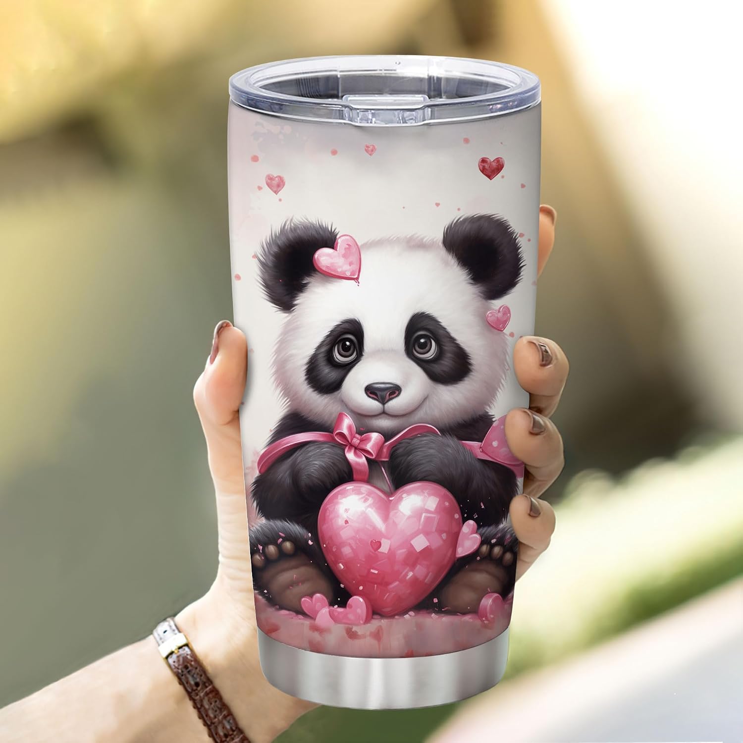 Hyturtle Personalized Gifts Panda Lover - Panda Love Hearts Custom Name Coffee Stainless Steel Tumbler 20oz - Cute Animal Lover Gifts For Women, Girl On Birthday, Valentine, Christmas