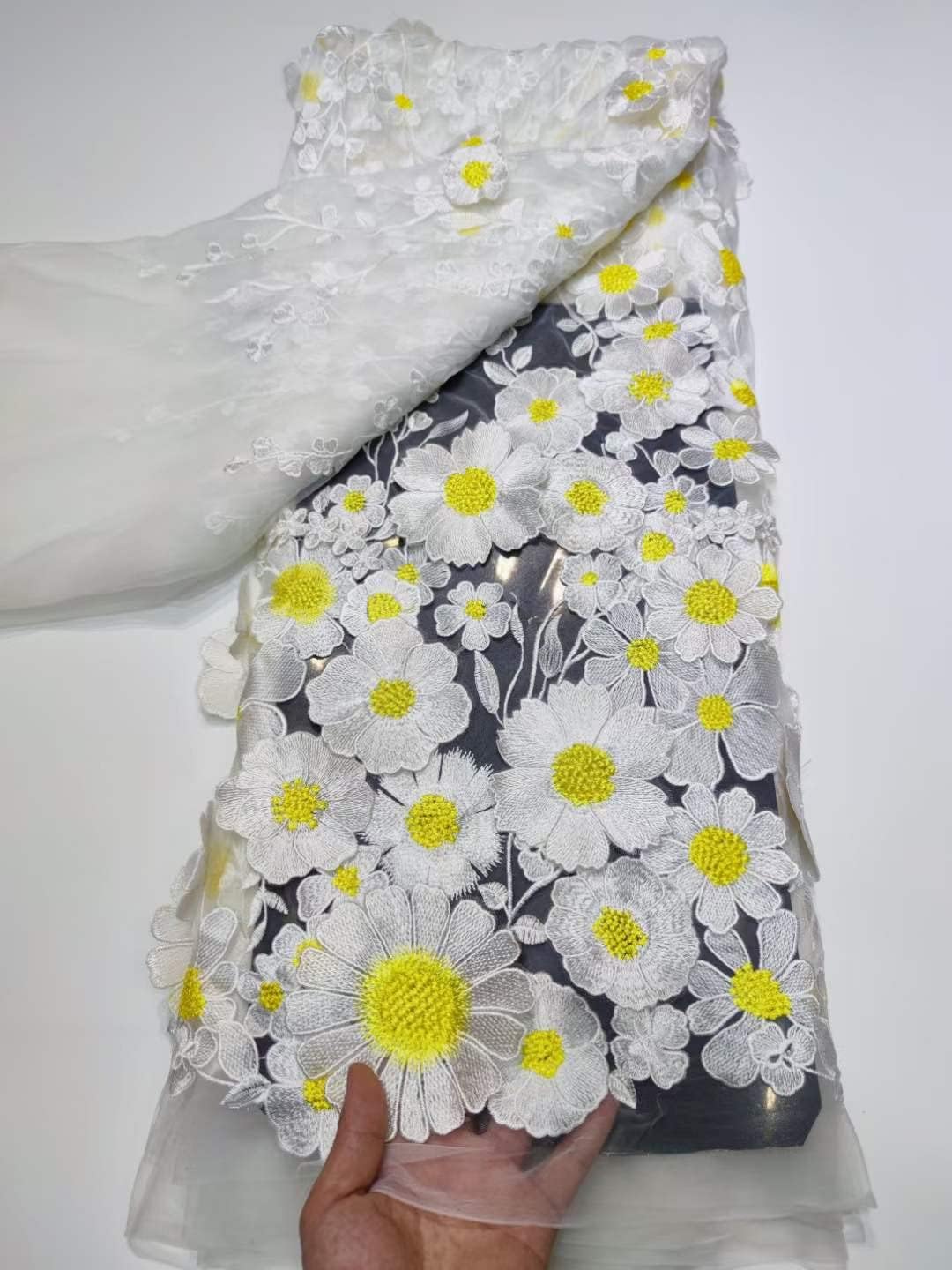 51" Width Heavy Embroidery 3D Flower Applique Tulle Nigerian Lace Fabrics for Bridal Party Wedding Dress Costume Accessories (1Yard,White Yellow)
