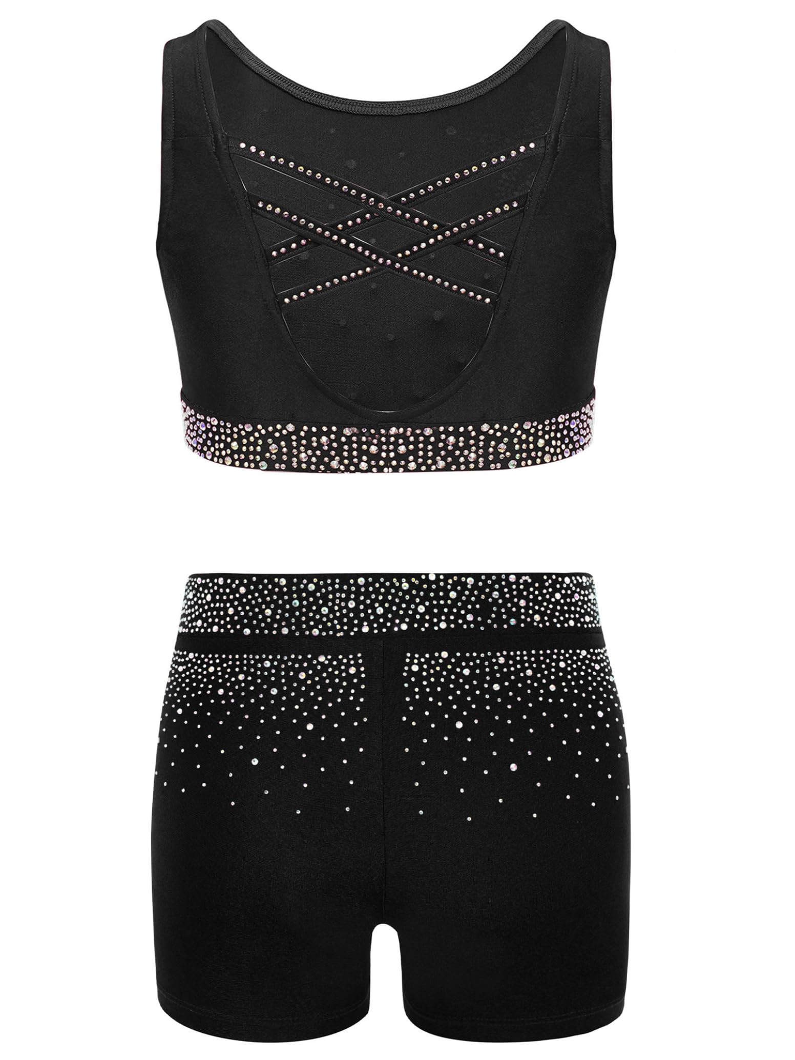 inlzdz Abito Da Pattinaggio Artistico Bambina 2 Pezzi Strass Crop Top Reggiseno + Pantaloncini Tuta Da Ginnastica Artistica Abito Da Ballo Latino Jazz Tango Nero B 15-16 anni