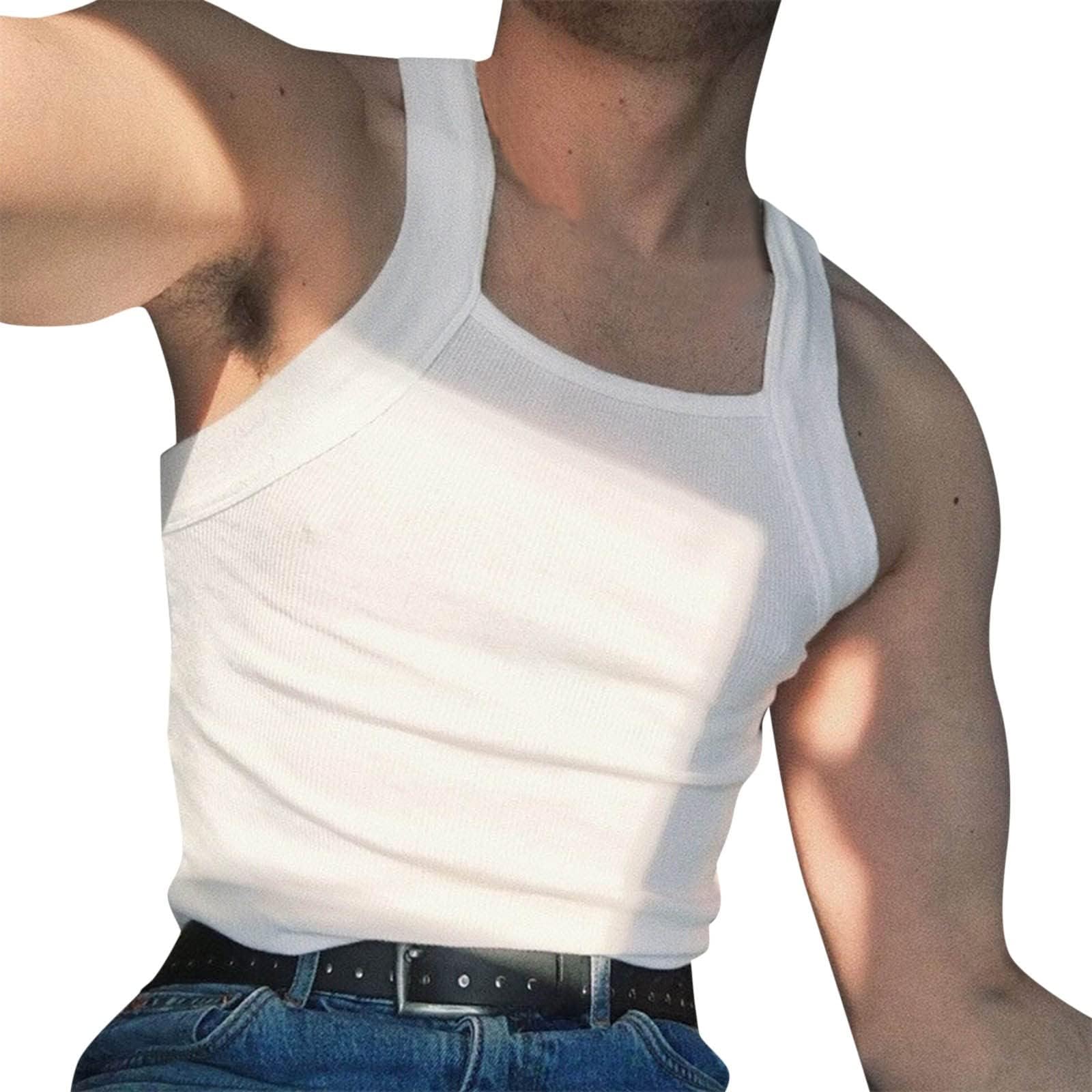 Men's Sleeveless Square Neck Vest - Sexy Large Size Solid Colour Elastic Tank Top with Wide Straps Slim Fit Soft Comfortable Casual Fashion Workout Bodybuilding
