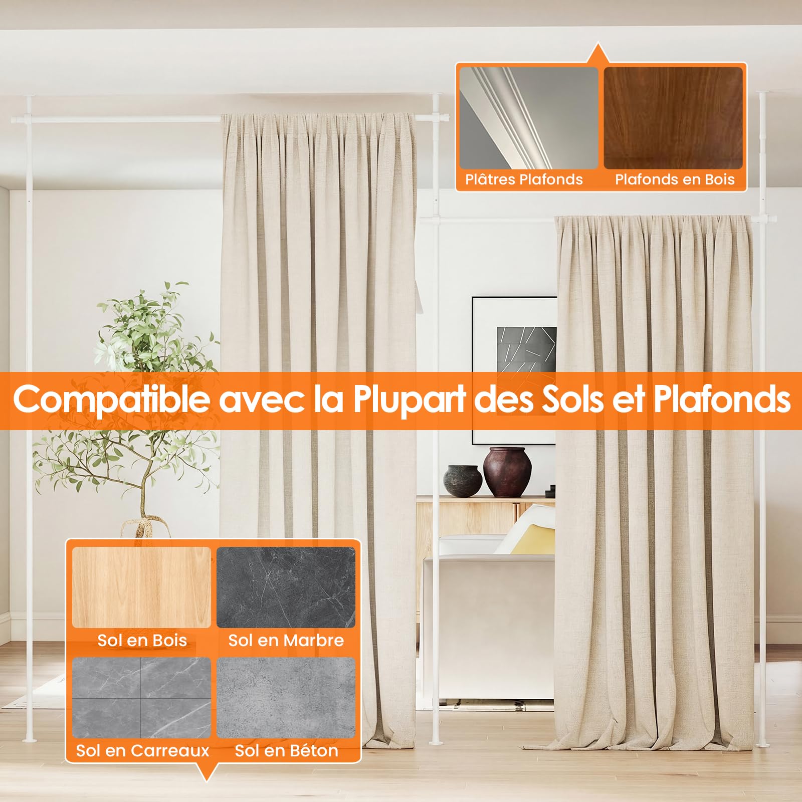 COSTWAY Tringle à Rideaux Verticale Sans Percage Extensible, Réglable Hauteur 120-314 cm x Largeur 73-360 cm, Séparateur de Pièce, Tringle Rideau Brise-vue pour Chambre, Bureau, Salon, Blanc
