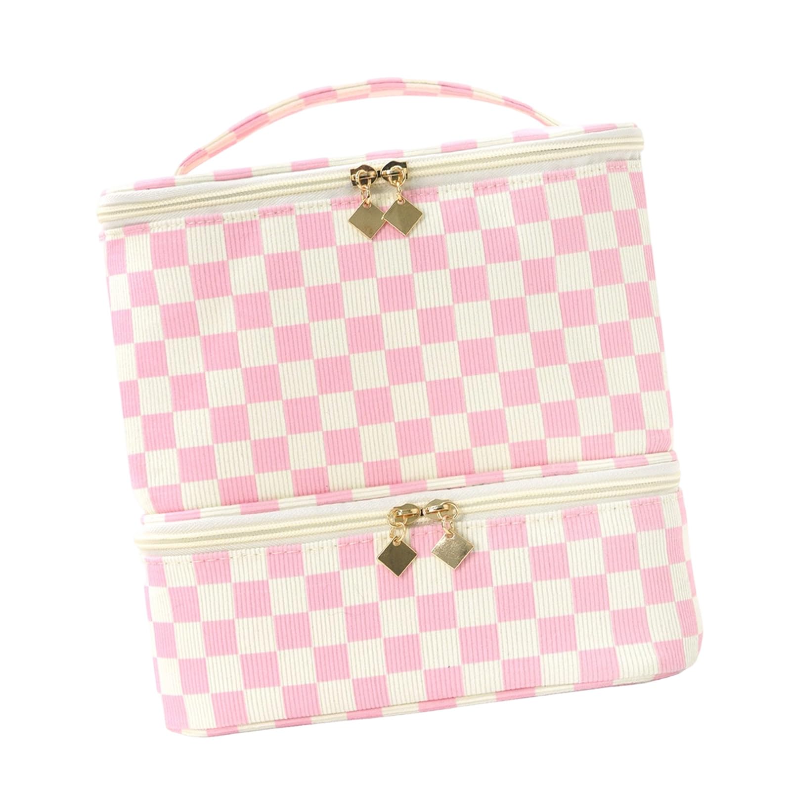 Oxxggkao Compartment Cosmetics Storage Bag Featuring Checkerboard Pattern and Soft Corduroy for Beauty Organization Permanent Corduroy Makeup Bag