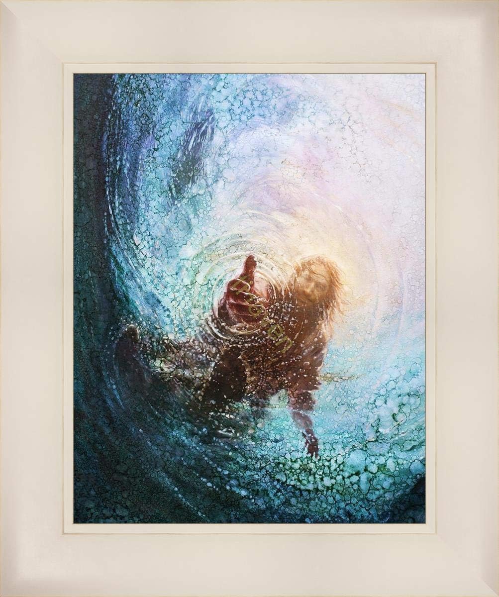 HavenLight Yongsung Kim - The Hand of God Painting - Jesus Reaching Into Water - 11" x 14" White Framed Print from
