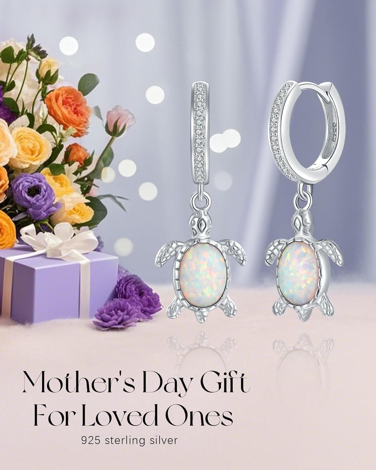 Sterling-Silver Opal Sea-Turtle Dangle-Earring for Women - White Gold Plated Sea Ocean Life Earrings Summer Beach Birthday Mothers Day Jewelry Gifts for Mom Daughter EJALEN