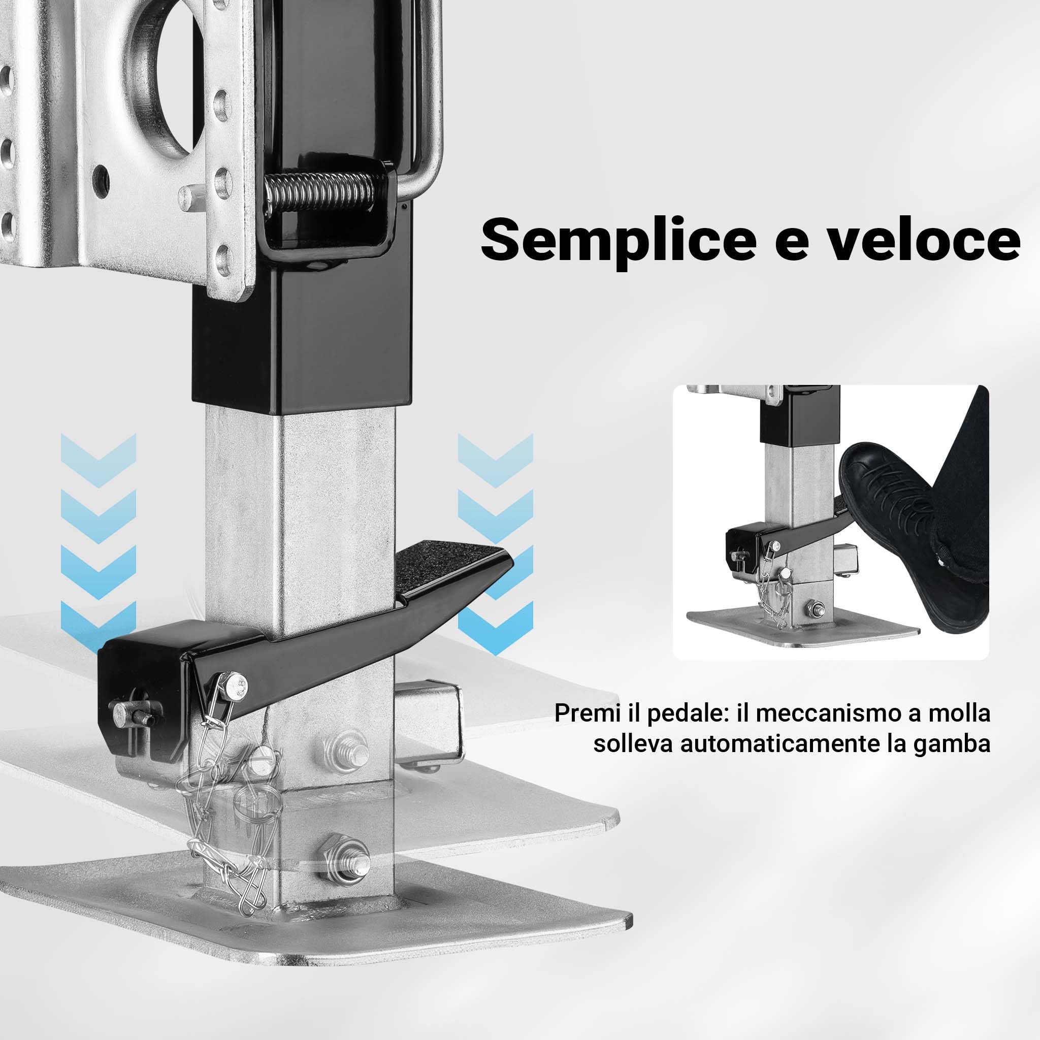 Wiltec Piede stabilizzatore per rimorchi roulotte, max 900 kg, regolabile in altezza con manovella, con pedale e perno di sicurezza