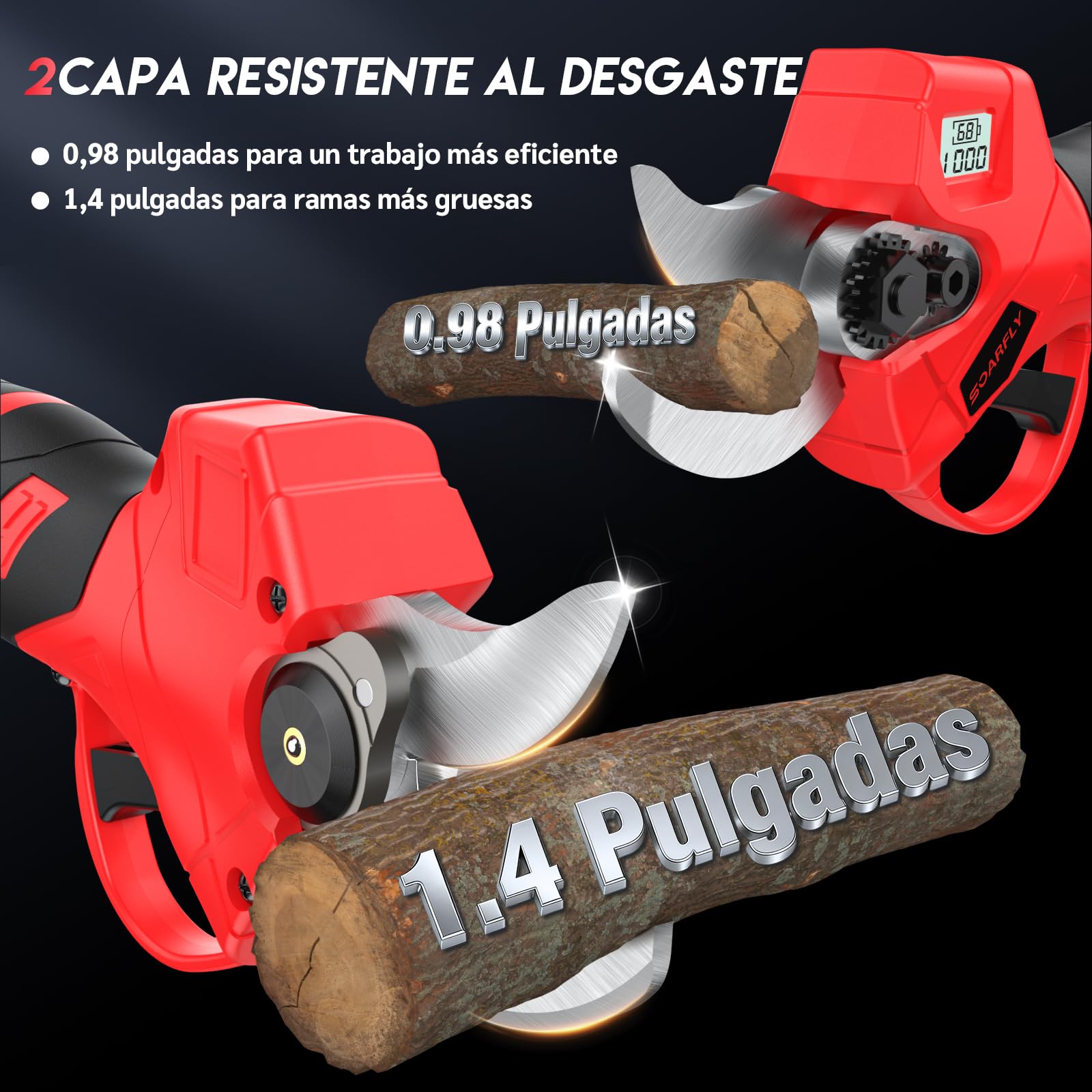 SOARFLY Tijeras de Podar Electricas Inalámbricas, Motor Brushless 450W, Corte Ajustable 35 mm, 2 Baterías 21V 2000mAh, Pantalla LCD, Tijeras de Poda para Árboles Frutales y Jardín, Rojo