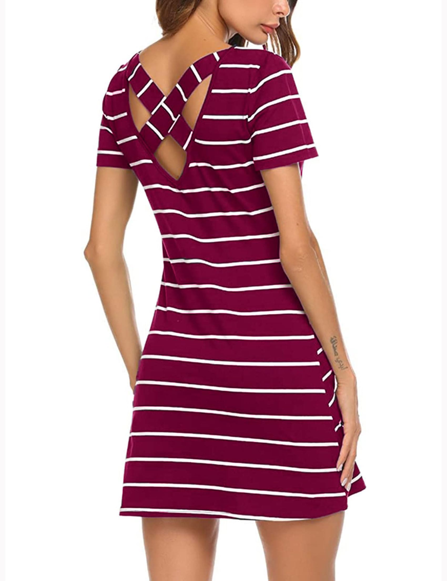 Women's Casual Striped Criss Cross Short Sleeve T Shirt Dress with Pockets