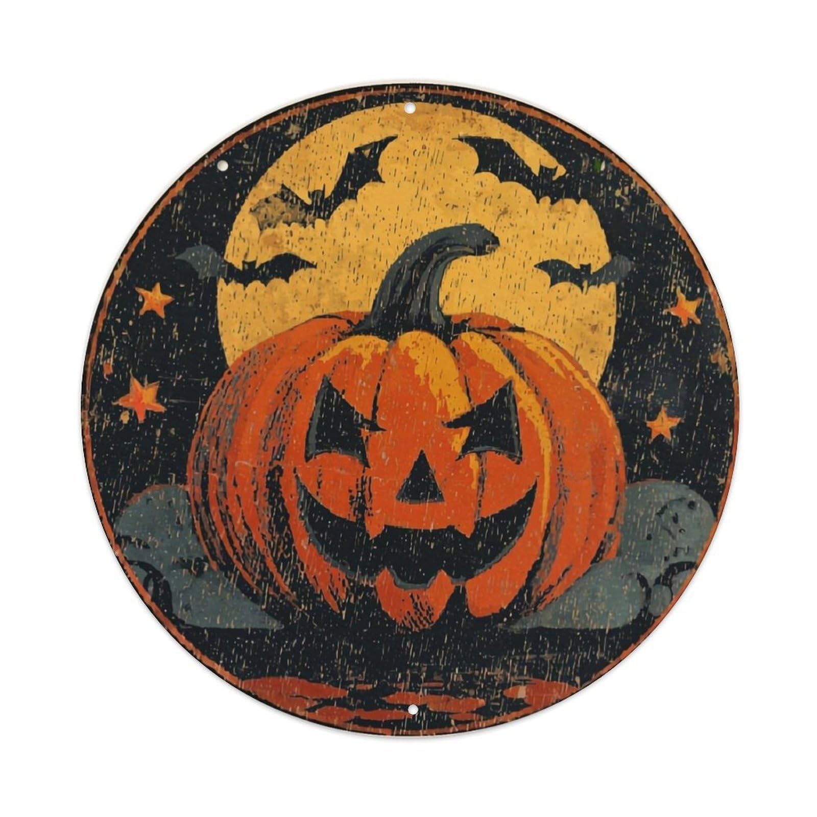Halloween Pumpkin Moon Bat Stars Vintage Metal Tin Sign Retro Wall Decor for Home Bar Garage Cafe, Indoor & Outdoor Decorative，circle Metal Poster, 8x8 Inch