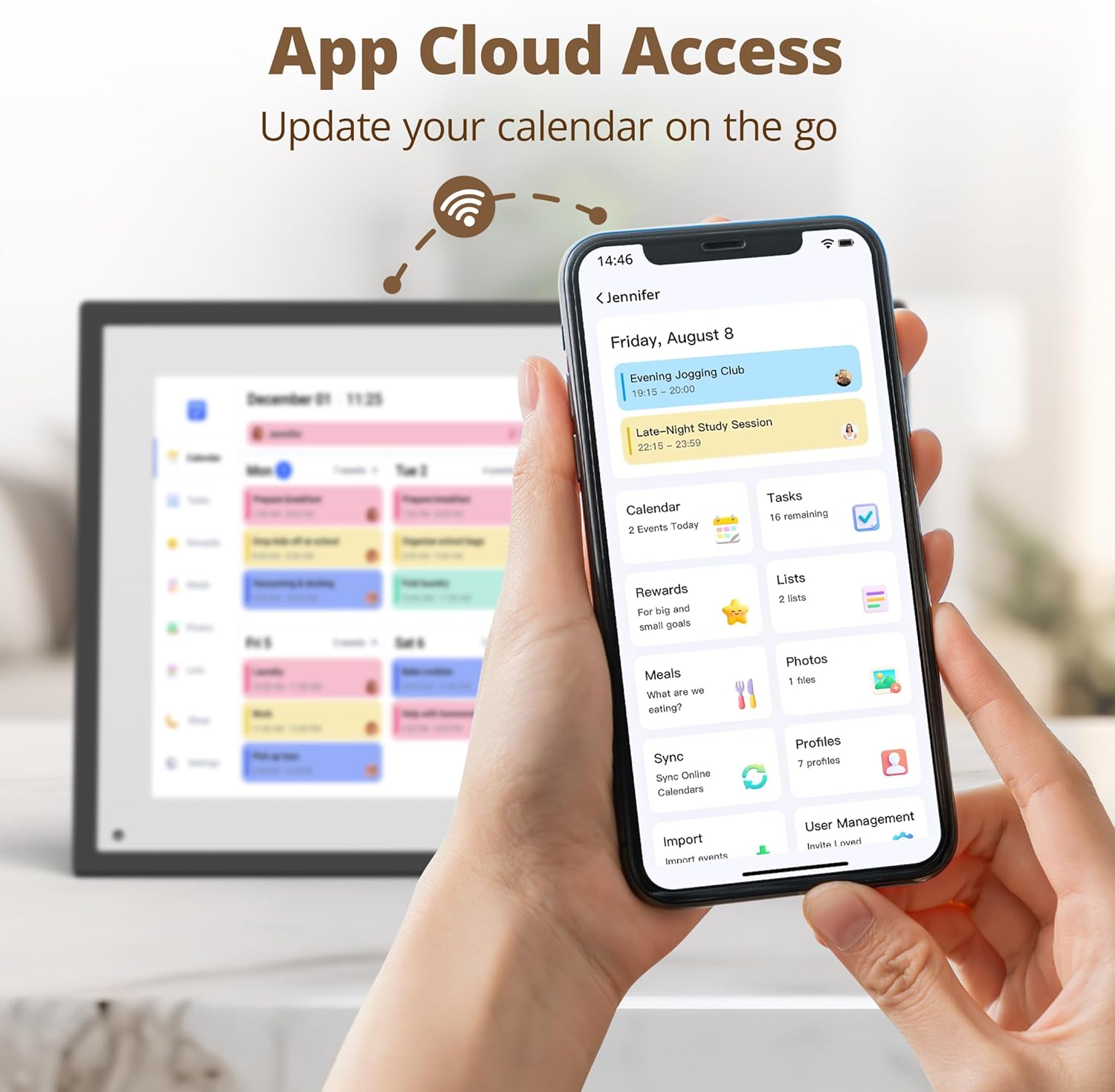 A smartphone displaying the eCalendar app interface, showing calendar events, tasks, rewards, meals, photos, and profiles.