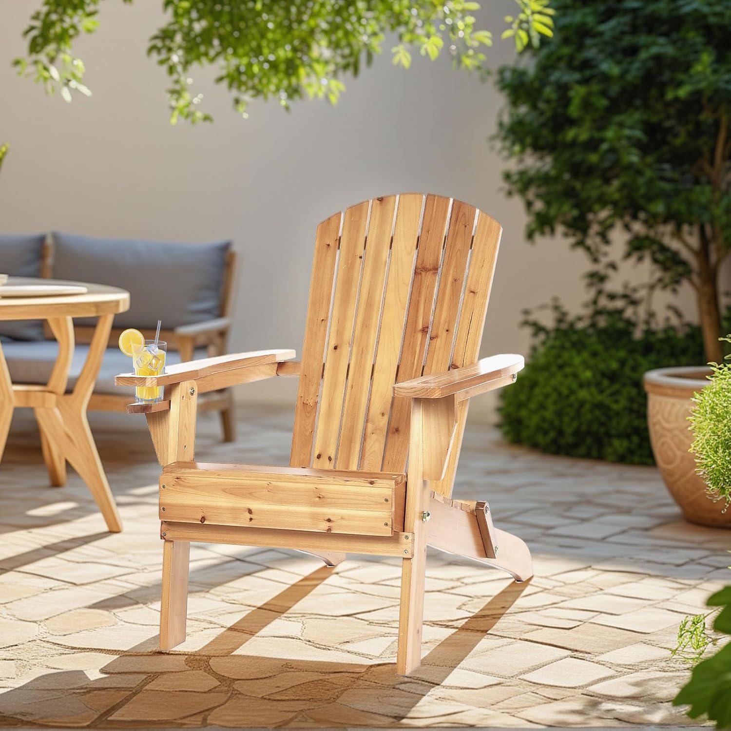 Folding Adirondack Chairs, Outdoor Wooden Lawn Chairs with Cup Holder, Patio Chair for Garden,Yard,Poolside,Backyard, 350lb Weight Capacity(Natural)