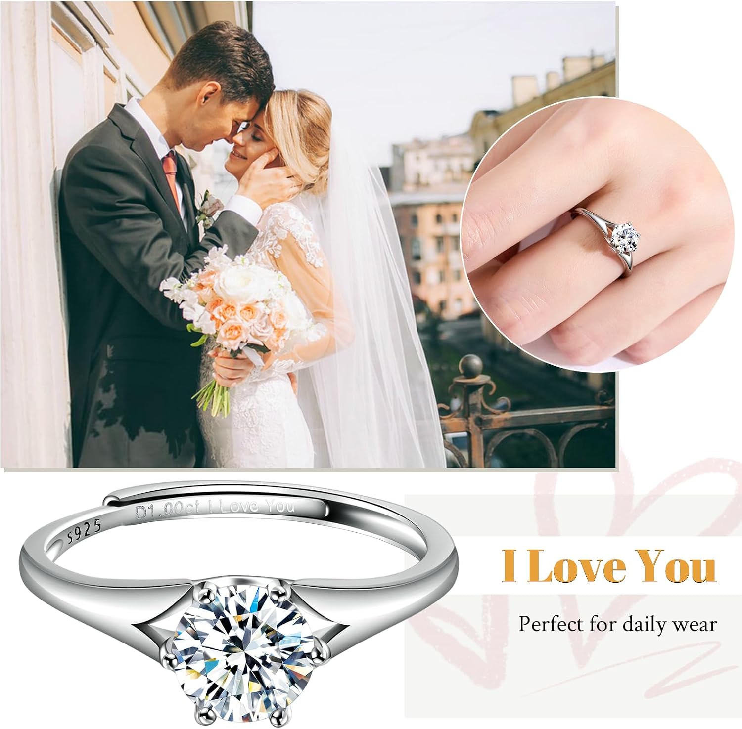 Moissanite Engagement Ring, 1ct D Color VVS1 Clarity, Rings for Women Sterling Silver Adjustable Wedding Band Solitaire