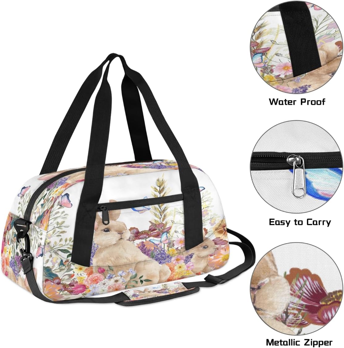 Kids Travel Duffle Bag Weekender Overnight Bag Gym Tote for Boy Girls Carry On Workout Duffel Bag(Watercolor Bunny Floral Butterfly)