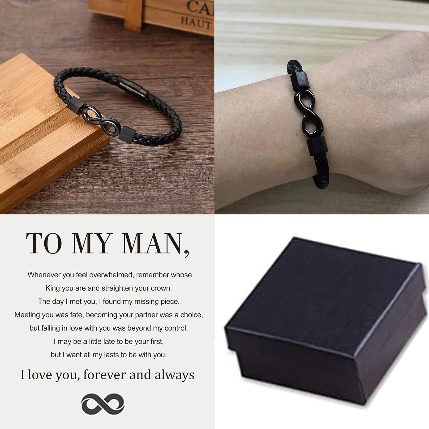 Angyape To My Man, Infinity Leather Bracelet Husband Gifts from WifeI Love You Forever and Always Bracelets Boyfriend Anniversary Birthday Christmas Fathers Gifts for Men Son Grandson - Image 4
