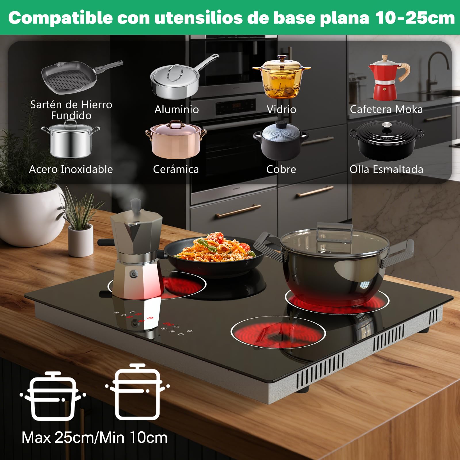 Placa Vitrocerámica 4 Zonas 60 cm, 6000W, Control Táctil, Calentamiento Individual, Placa Eléctrica Empotrable — view 6