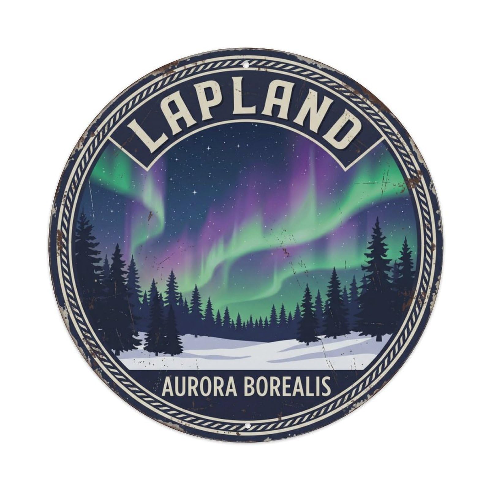 Vintage Travel Lapland Finland Aurora Metal Tin Sign Plaque Wall Decor for Cafe, Club Bar, Office, Home Garden Round Metal Poster 8x8Inch