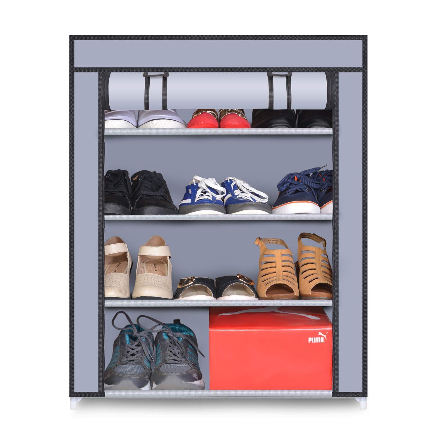 4 Shelves Shoe Rack Plastic Grey with Zip Door Cover & Side Pockets, Multiuse Storage Rack for Footwear, Toys, Clothes with Dustproof Cover 4 Shelves-image-26