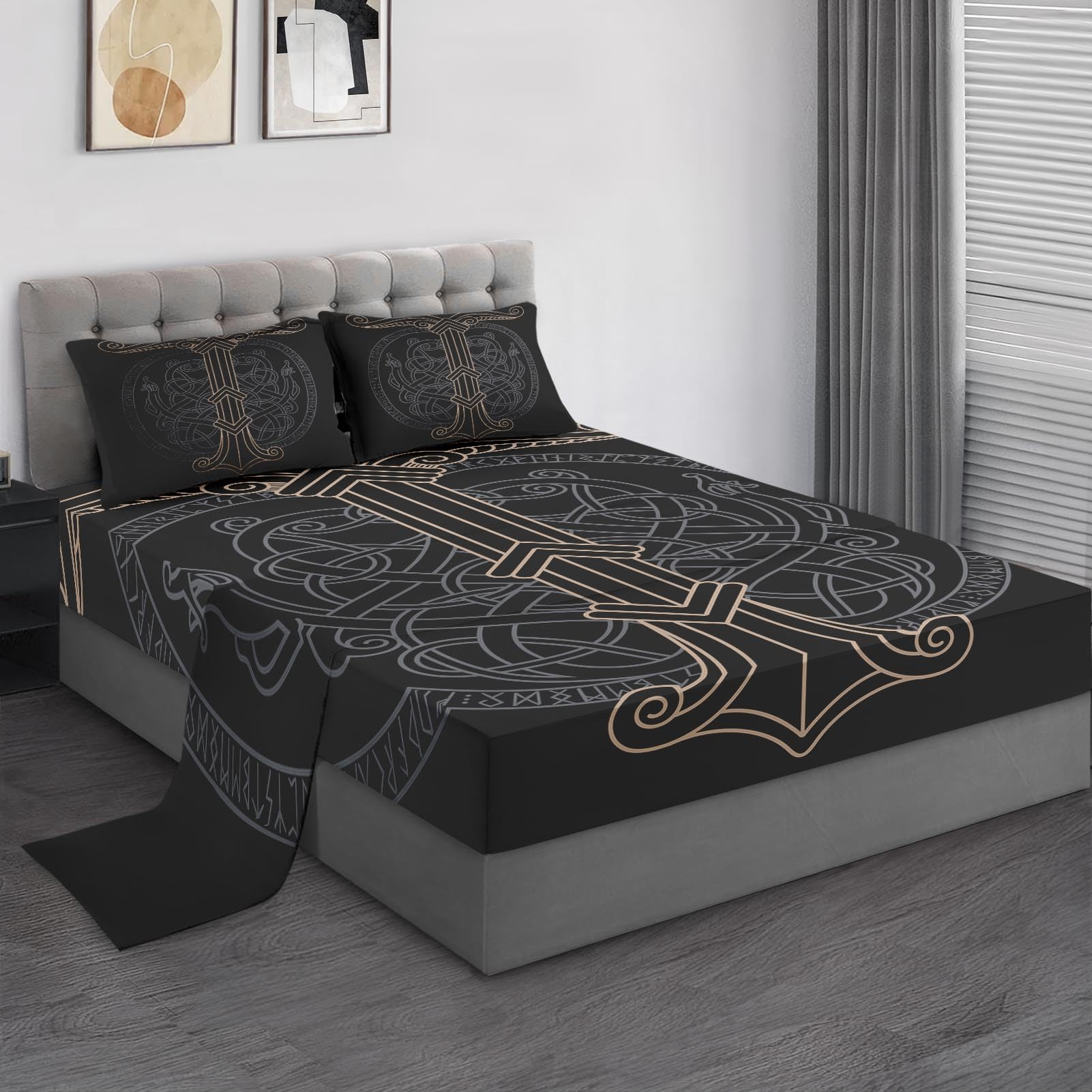 Pamnest Twin Size Bed Sheet Sets, Tree Viking Norse Soft Microfiber 3 Pcs Bedding Sets for Kids and Adults Bedroom Bed Decor, Medieval Gothic Flat,