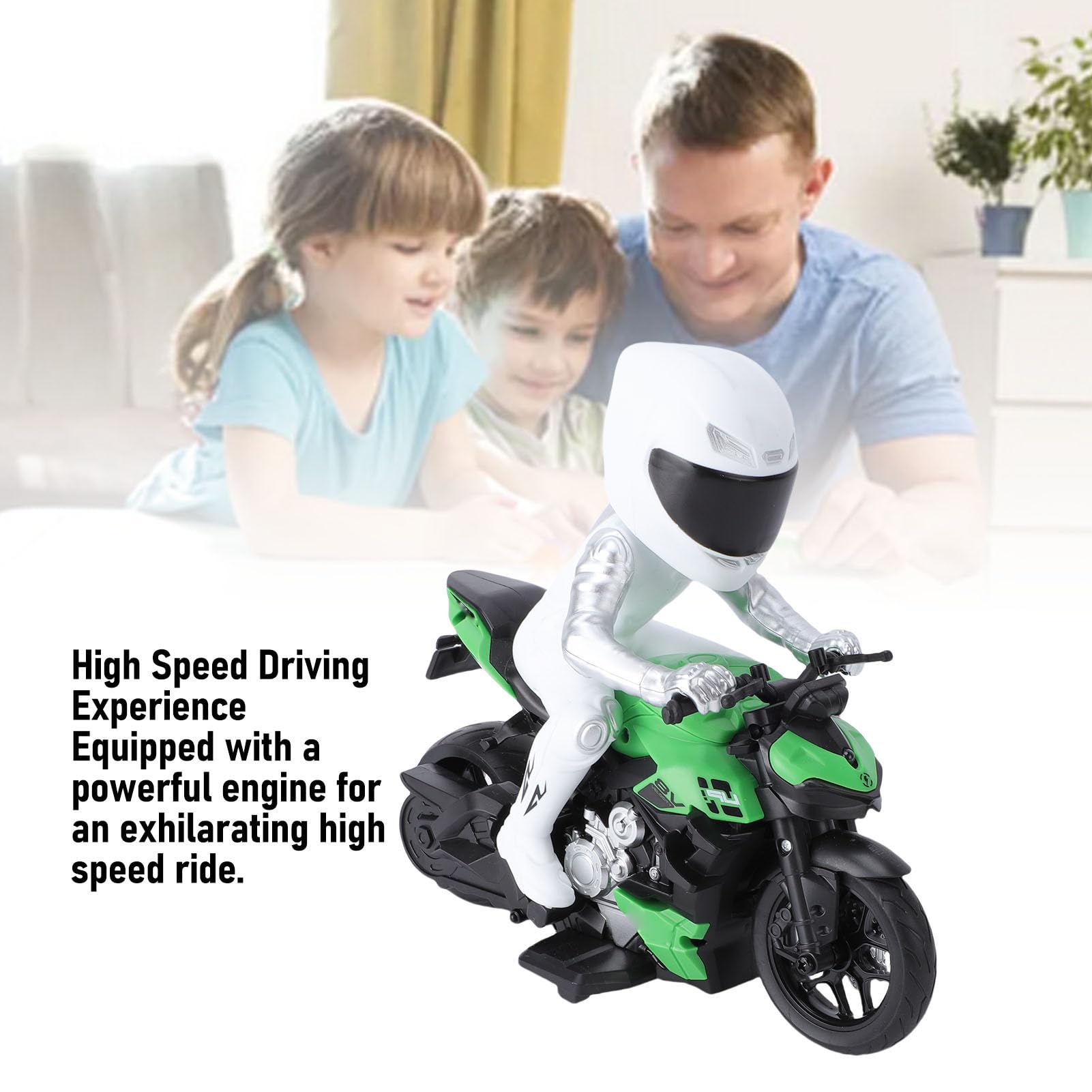Moto Télécommandée, Moto RC Haute Vitesse Cascade avec Figurine, Effets Lumineux RGB et Moteur électrique, Jouets Rechargeables pour Enfants de 4 à 12 Ans (Green)
