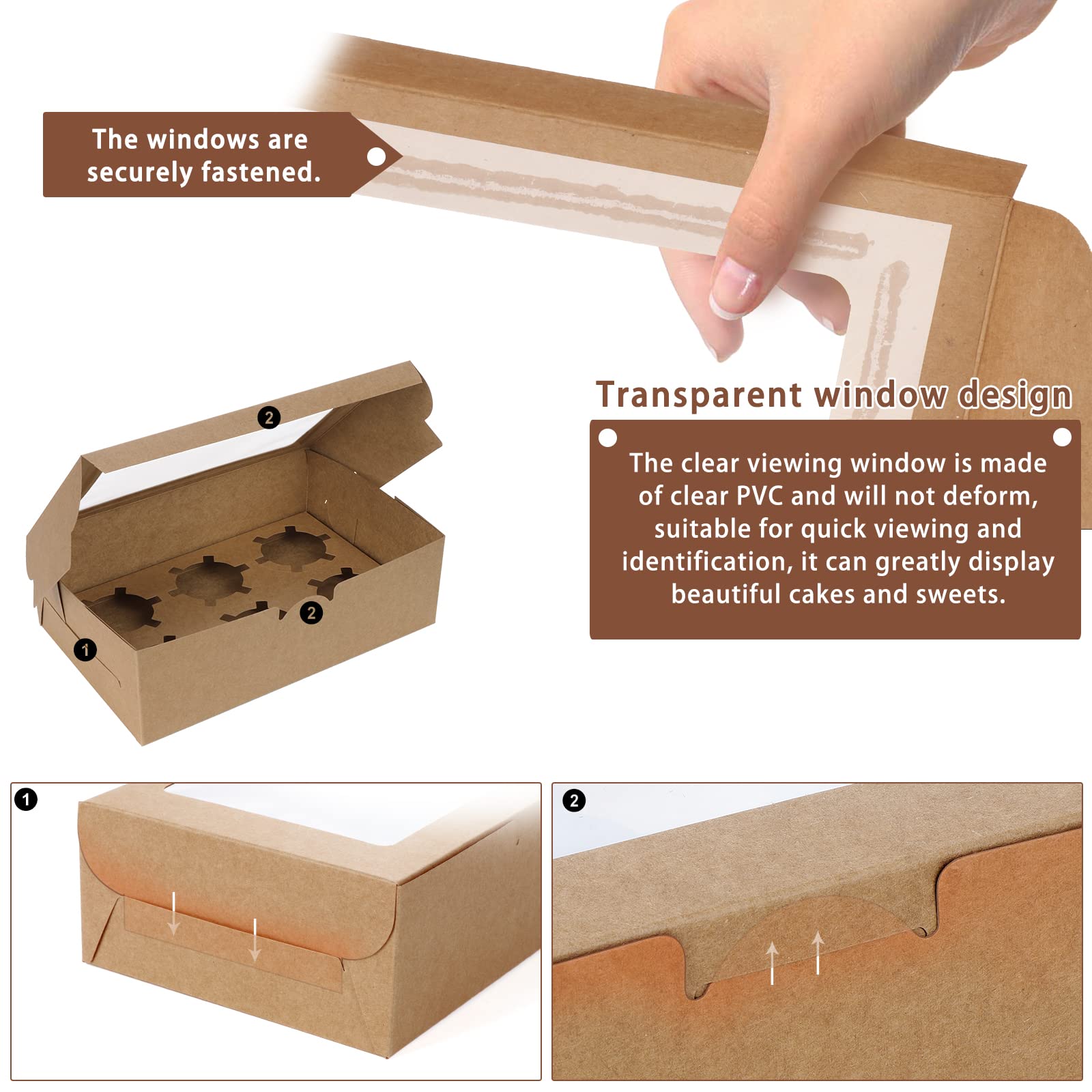 Scatole Cupcake 6 Fori Con Finestra - Con Inserti Anti-scivolo Per Muffin E Pasticcini | Set Da 20 Pezzi Marrone - Foto 7